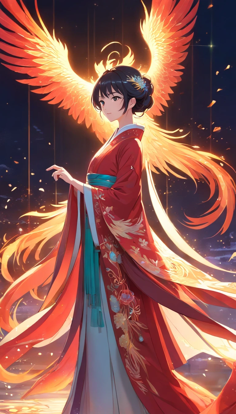 Stunning Chinese Hanfu wedding cape，Embroidered with crystal translucent phoenix. The phoenix shines like a diamond. Phoenix comes back to life，Drag a two-meter skirt. It's beautiful, noble, Red, Magic, Octane Rendering, Surreal, Bright background