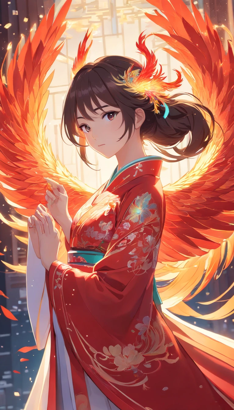 Stunning Chinese Hanfu wedding cape，Embroidered with crystal translucent phoenix. The phoenix shines like a diamond. Phoenix comes back to life，Drag a two-meter skirt. It's beautiful, noble, Red, Magic, Octane Rendering, Surreal, Bright background
