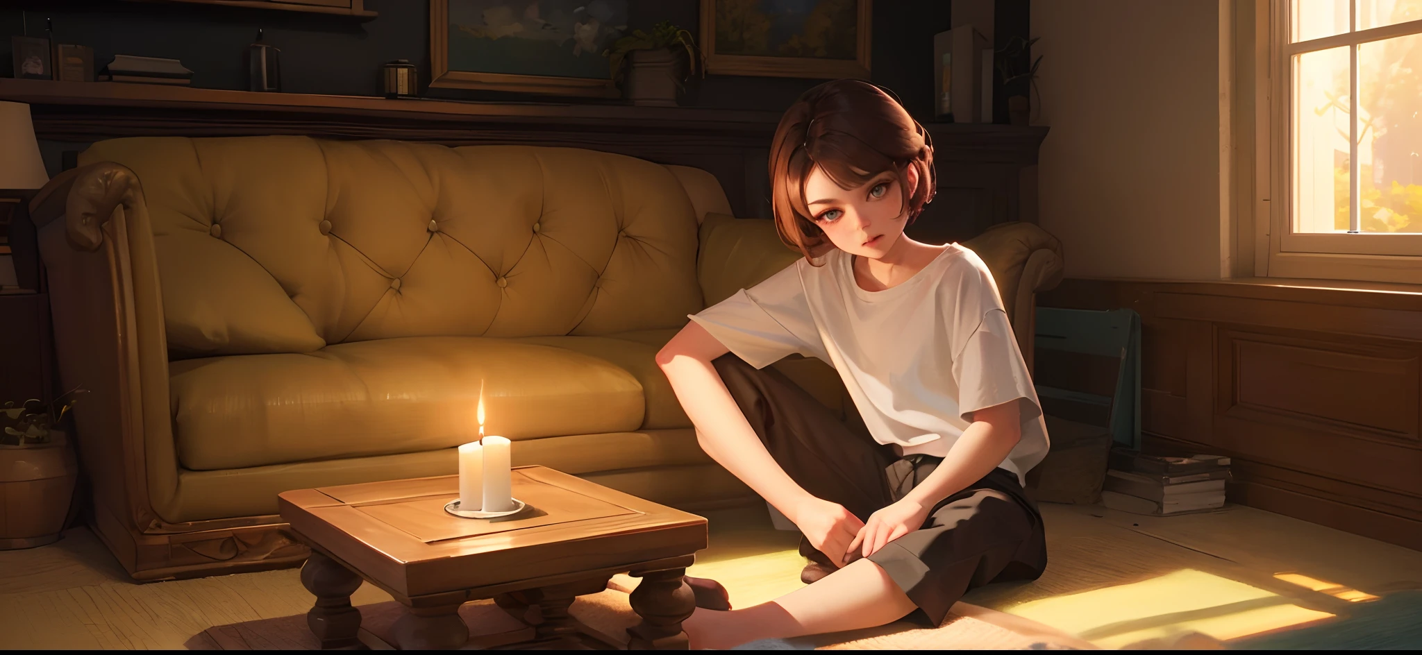 The child sits on the ground，There is a candle in front of him, Cute digital painting, childrens art in artstation, wojtek fus, Ross Tran 8 K, Personagem pequeno. Unreal Engine 5, Rosla global lighting, 3 D rendering character art 8 K, concept art of a monk, smooth 3d cg render, he is greeting you warmly