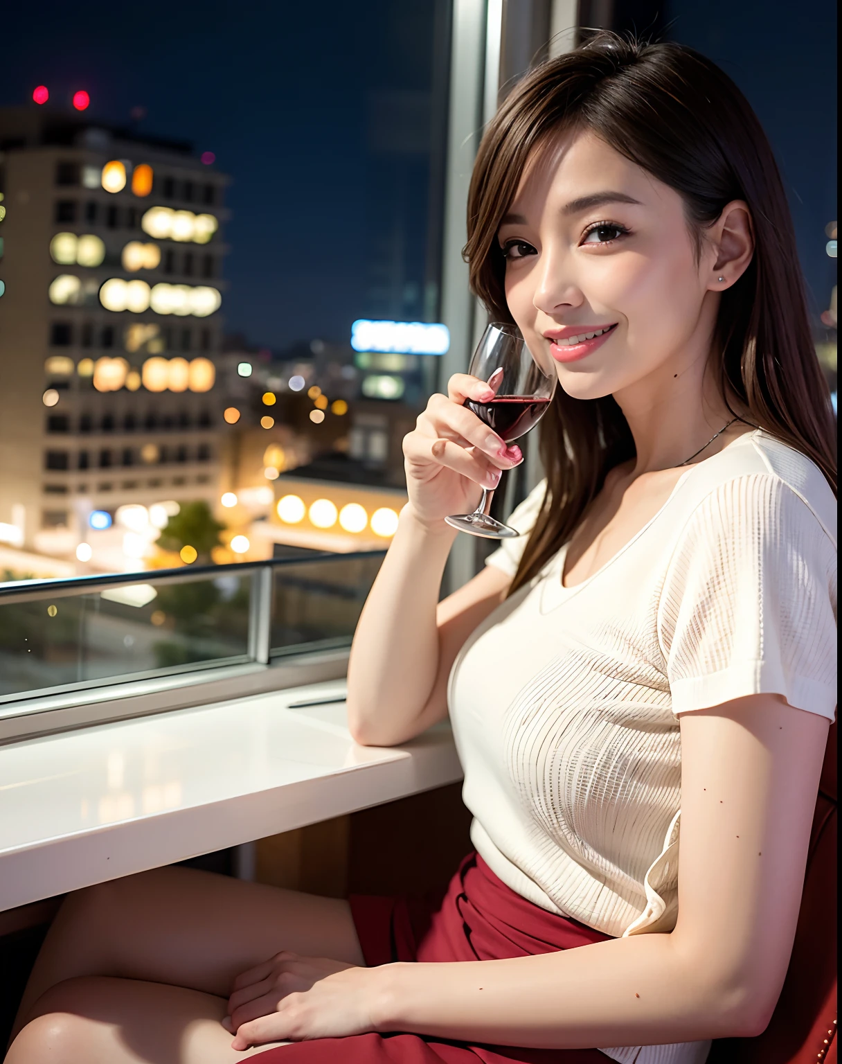 (64K, UHD, top quality, masterpiece: 1.2), (realistic, photorealistic: 1.37), super detailed, pretty woman 1 person, (slim face), (slim body), (brown hair), (short cut), cheeks slightly blushing, (35 years old), 38 years old, solo, beautiful detailed urban night view outside the window, restaurant, wine glasses sit, at night, in a prominent place (from the waist up) NovaFrogStyle, Actress, Model, Waist Up, White Wine, Slim, Wine Glass, Super Clean Night View, Wine Glass Put in the Middle, Happy Smile, (Smile: 1.15), Beautiful Fine Eyes, Upper Body, Bust Japan Up, Night, Short, Short, Actress, Model, Waist Up, White Wine, Slim, Wine Glass, Super Clean Night View, Wine Glass Put in the Middle, Happy Smile,