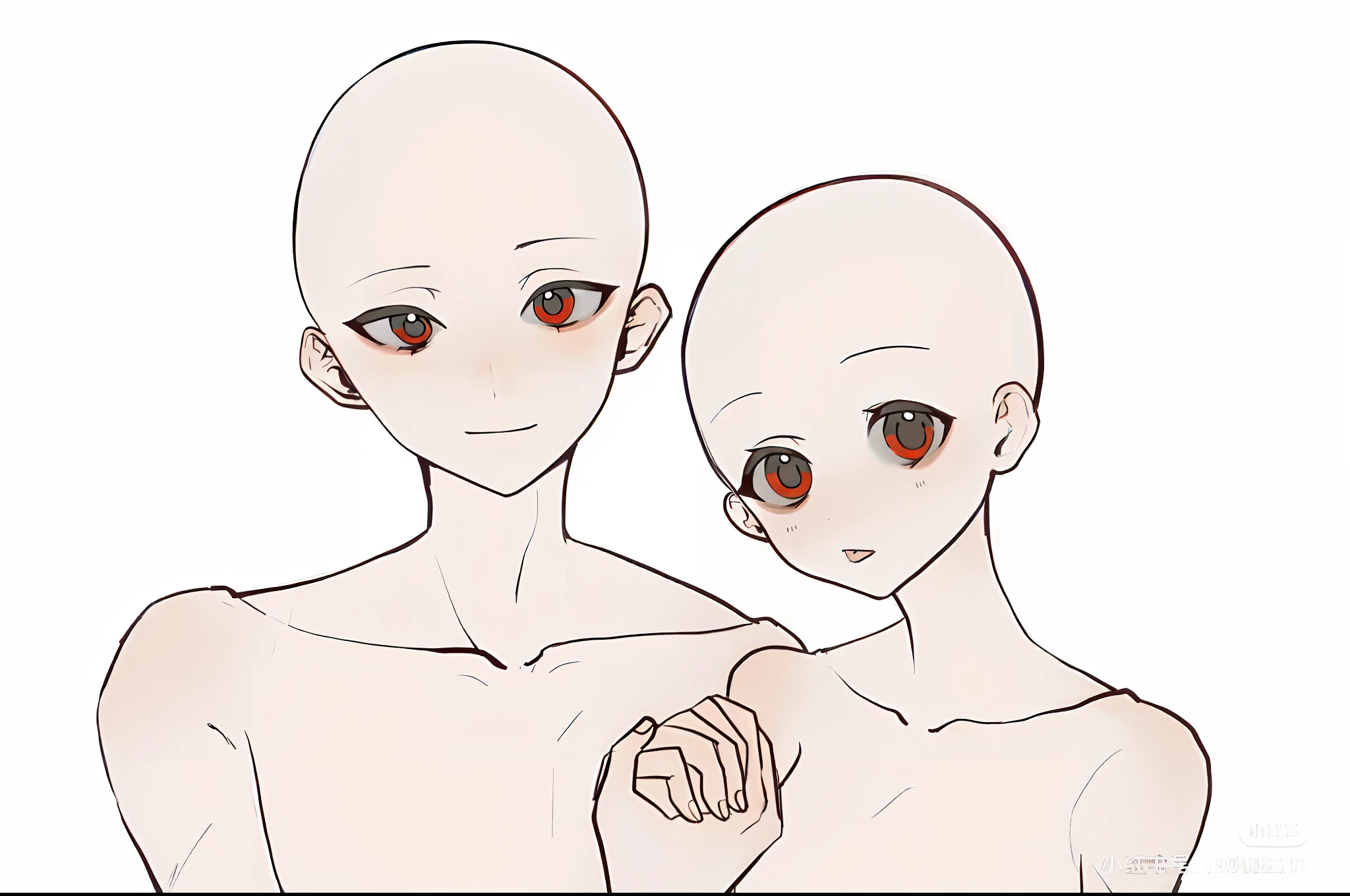 Anime manga of two men with red eyes and no shirts, subtle anime style, two anime handsome men, in an anime style, red eyes and a slim face, handsome saitama, semi realistic anime, In anime style, Hairless, Two heads and one body, Cute natural anime face, full body and head, small and sharp pupils, Male anime style