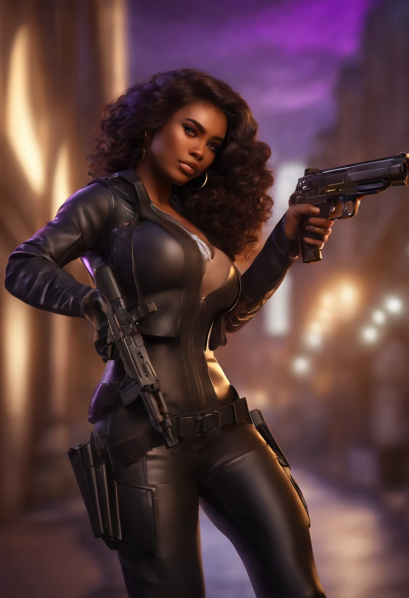 Cute girl with brown skin, Sexy body, Purple wavy curls [With a black shade], Golden eyes (Shiny), ultra-realistic eyes, With a pistol, Jumps, With sniper costumes, Fearless riot game, face round, Realistic lighting, ラジオシティ, Close up.Bare 