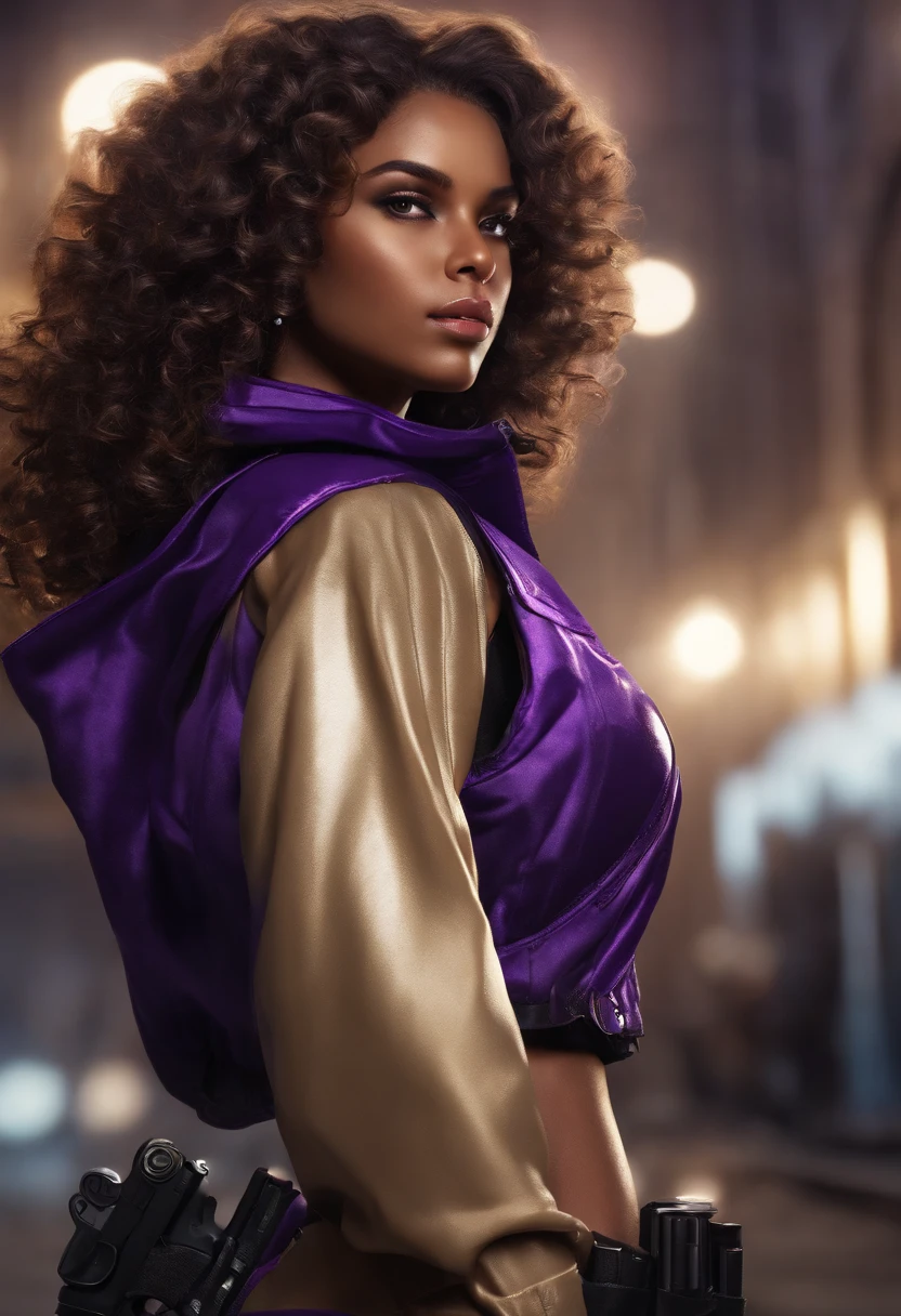 Cute girl with brown skin, Sexy body, Purple wavy curls [With a black shade], Golden eyes (Shiny), ultra-realistic eyes, With a pistol, Jumps, With sniper costumes, Fearless riot game, face round, Realistic lighting, ラジオシティ, Close up.Bare 