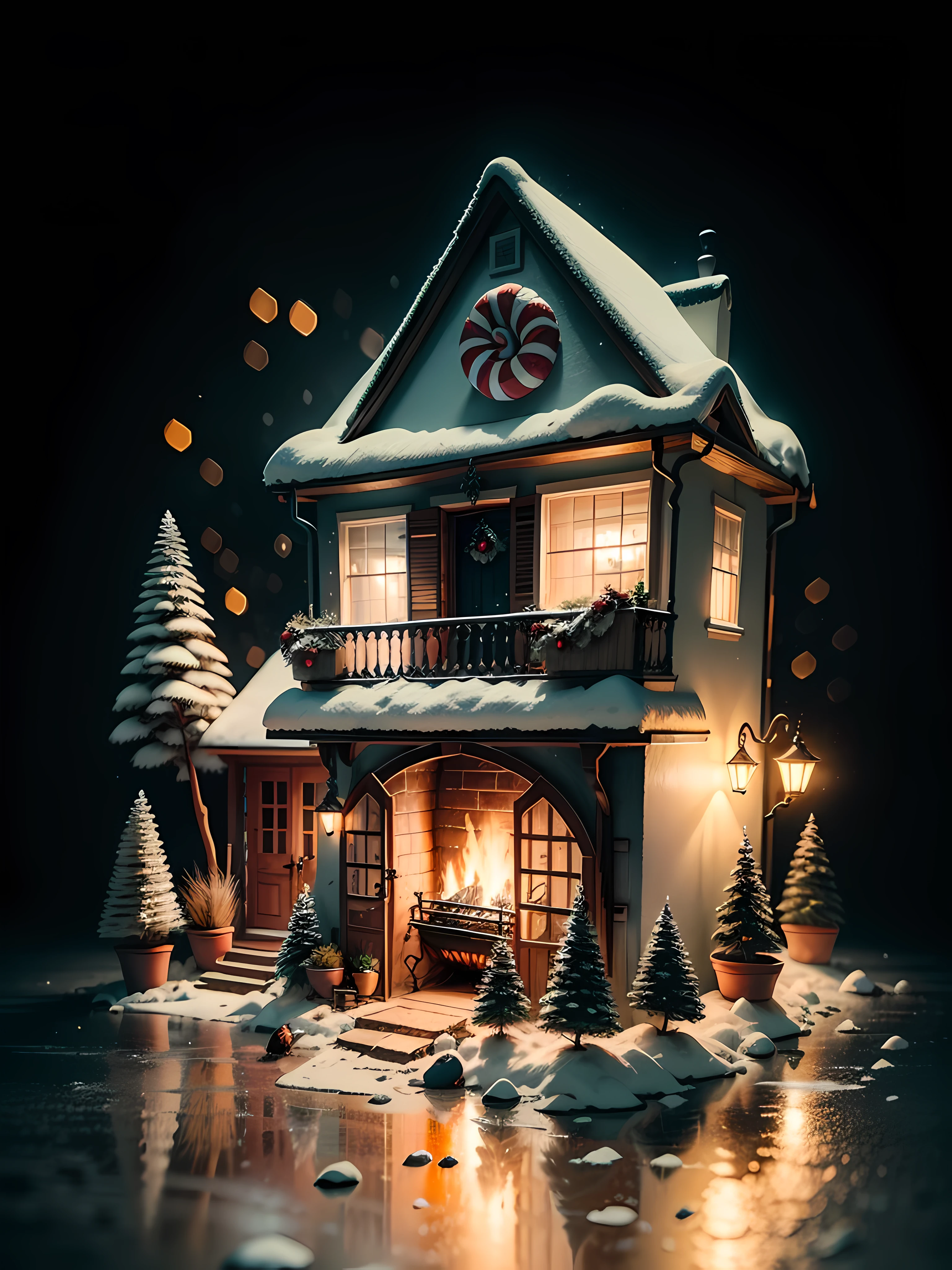 Duskamétrik isometric section Christmas house,Christmas deer,fire oven,santa,broom, Incredible background bokeh edge lighting,Courtesy of Duska Metric