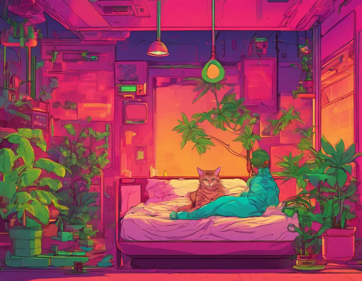 Full of greenery,The cat is in bed,Extremely colorful,Warm lighting