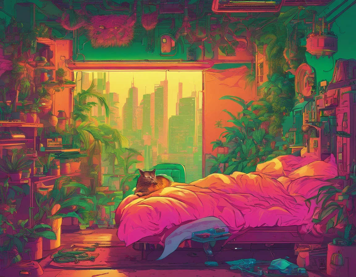 Full of greenery,The cat is in bed,Extremely colorful,Warm lighting