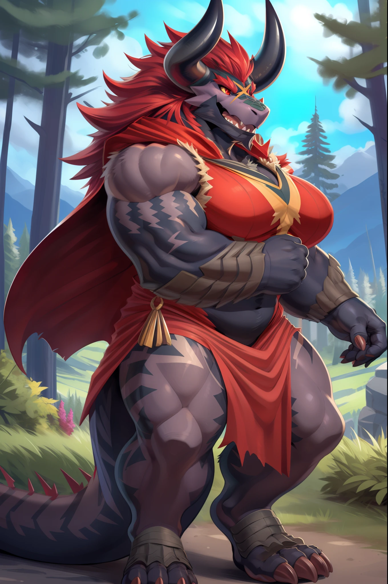 (by adios, by null-ghost, by darkgem), (demon lord dragon batzz), dragon, scalie, female, muscular female, red eyes, mohawk, markings, tatoo,1.4, clothed, , horn, claws, paws, , huge breast, curvy, full body, pants, , vest, pullover, cloak, forest