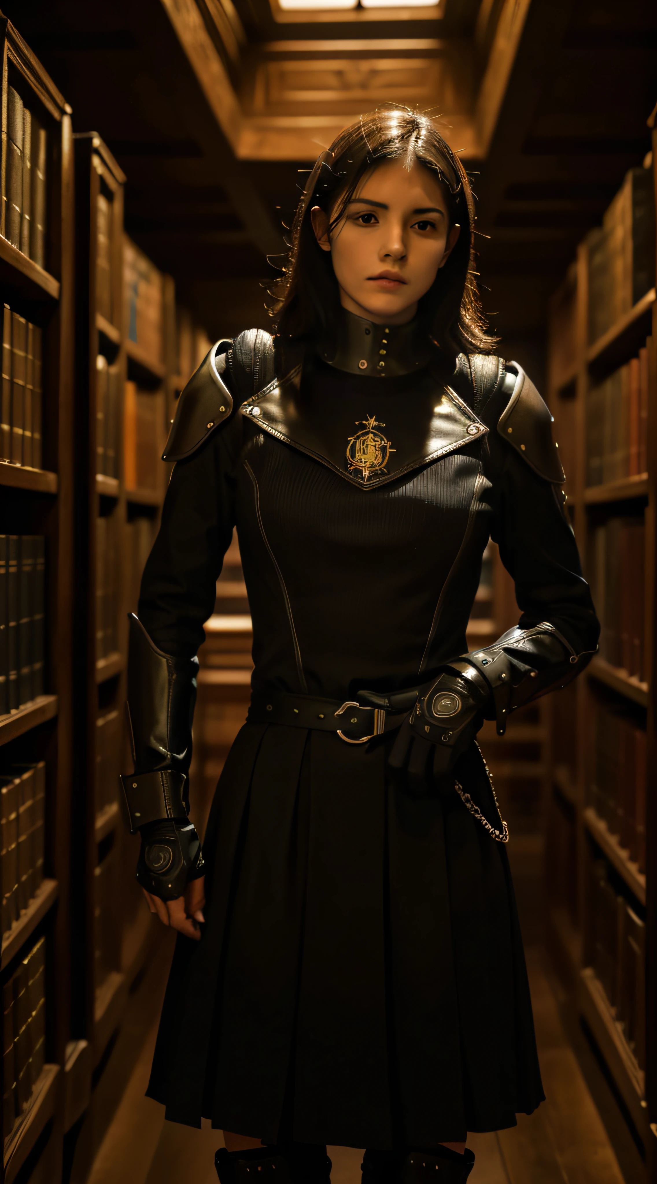 (extremadamente detallado, obra maestra, La mejor calidad, foto antigua, principios de siglo) latex, soldado estilo ciberpunk, armadura robotica, cables, tornillos, una linterna directa lo ilumina, biblioteca antigua. plano cercano. manchas. Caravaggio-style lighting. tenebrismo-