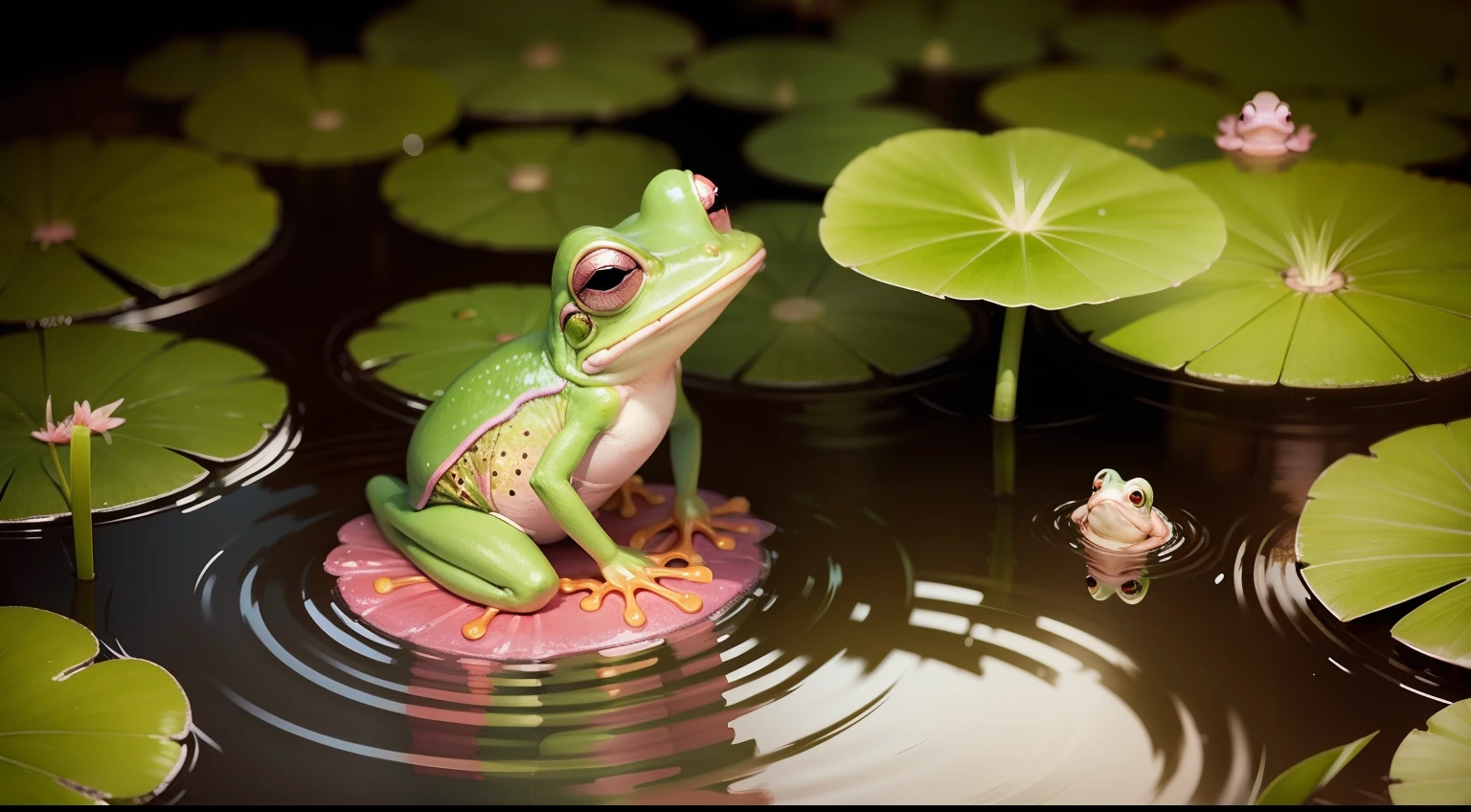 pink frog with a skirt in a pond, children's animation