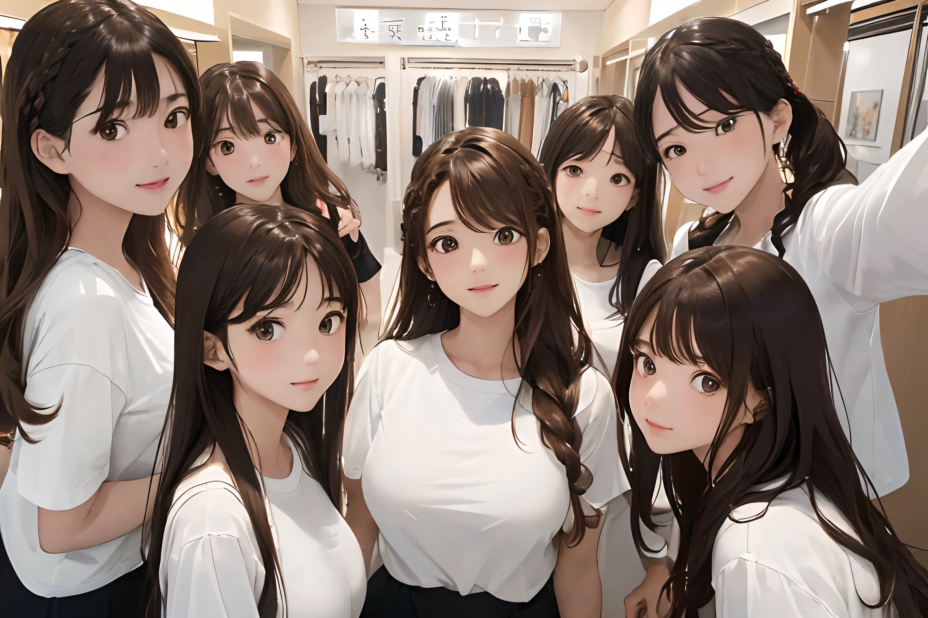 (frombelow:1.4)、(five girls:1.4),(First 2 people、Back 3 people）、Light Brown Fringe Hair、Braided hair、disheveled hair、Light brown eyes、(dignified expression)、(爆乳:1.4)、Emphasize the valley、fittingroom、(Photorealsitic)、Shadow、(intricate detailes:1.2)、(​masterpiece、:1.3)、(top-quality:1.4)、(超A high resolution:1.2)、超A high resolution、(A detailed eye)、(detailed facial features)、(White shirt:1.2), (selfee:1.3)、Girls side by side