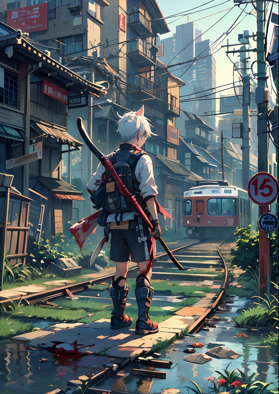 1boy,Man's ,Cyberpunk Boy、katanas,machine gun、Cat's ears、silber hair、poneyTail、Whole body bloody、The beginning of the adventure、during daytime、Into the cloud、contrail、ruined and devastated city、Japan buildings、railroad crossing、Trees、Warm lighting、puddles、Good old Japan landscape、Beautiful and fantastic summer landscape、Cinematic scenery、hightquality、masutepiece,8K、hight resolution、ultra-detailliert,