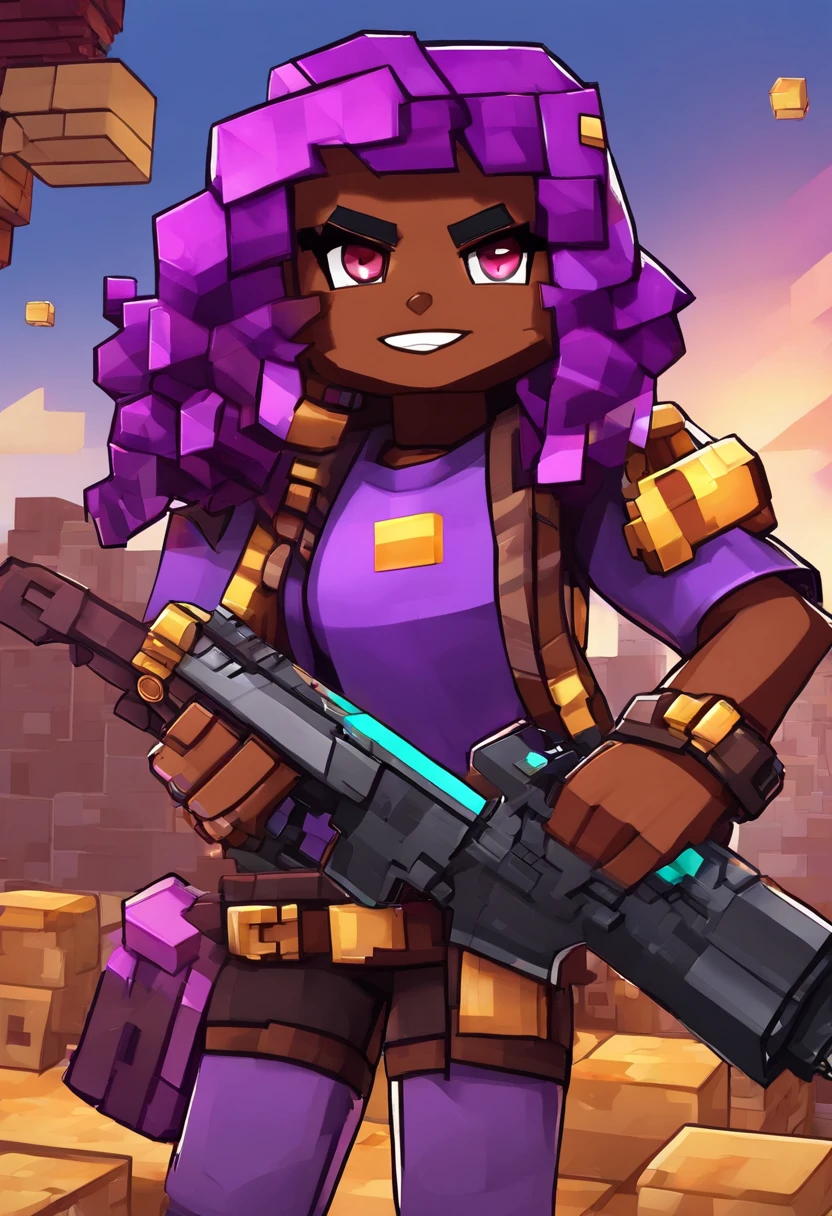 Cute girl with brown skin, Sexy body, Purple wavy curls [With a black shade], Golden eyes (Shiny), ultra-realistic eyes, With a pistol, Jumps, With sniper costumes, Fearless riot game, face round, Realistic lighting, ラジオシティ, Close up.