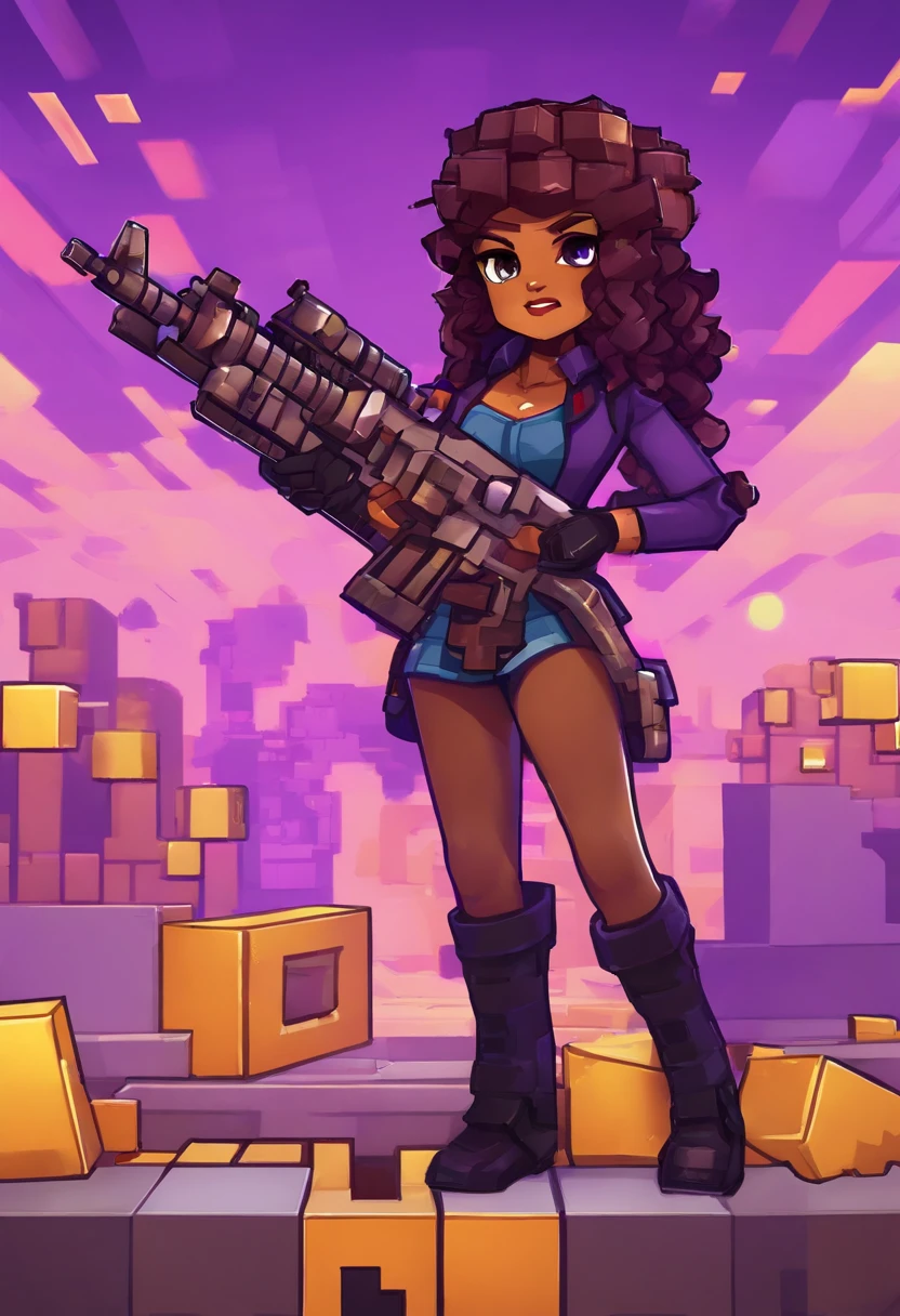 Cute girl with brown skin, Sexy body, Purple wavy curls [With a black shade], Golden eyes (Shiny), ultra-realistic eyes, With a pistol, Jumps, With sniper costumes, Fearless riot game, face round, Realistic lighting, ラジオシティ, Close up.