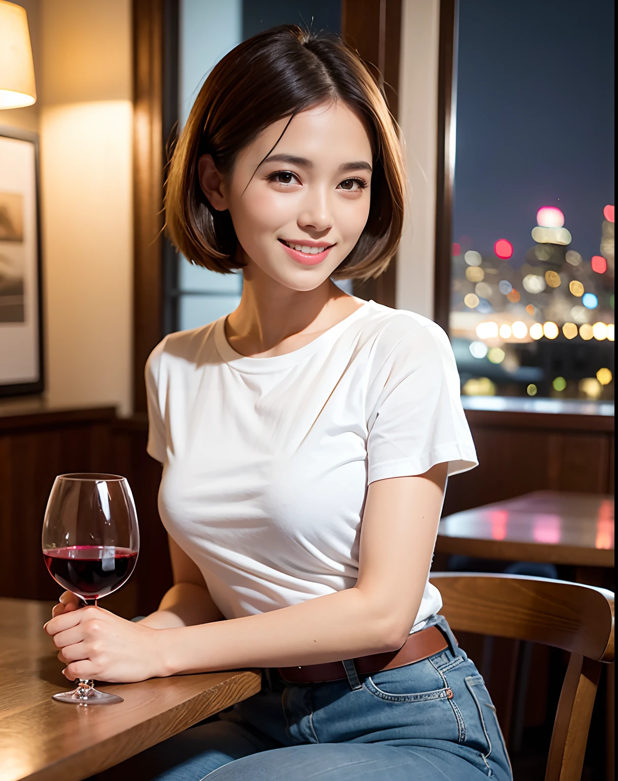 (64K, UHD, top quality, masterpiece: 1.2), (realistic, photorealistic: 1.37), super detailed, pretty woman 1 person, (slim face), (slim body), (brown hair), (short cut), cheeks slightly blushing, (44 years old), 38 years old, solo, beautiful detailed urban night view outside the window, restaurant, wine glasses sit, at night, in a prominent placeNovaFrogStyle, Actress, Model, Waist Up, White Wine, Slim, Wine Glass, Super Clean Night View, Wine Glass Put in the Middle, Happy Smile, (Smile: 1.15), Beautiful Fine Eyes, Upper Body, Bust Japan Up, Night, Short, Short, Actress, Model, Waist Up, White Wine, Slim, Wine Glass, Super Clean Night View, Wine Glass Put in the Middle, Happy Smile,