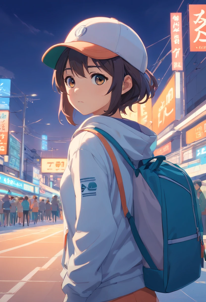 Girl in sportswear，，on  back，Wear a cap，Carry a backpack，Open your hands，Run forward，detail-rich，high qulity