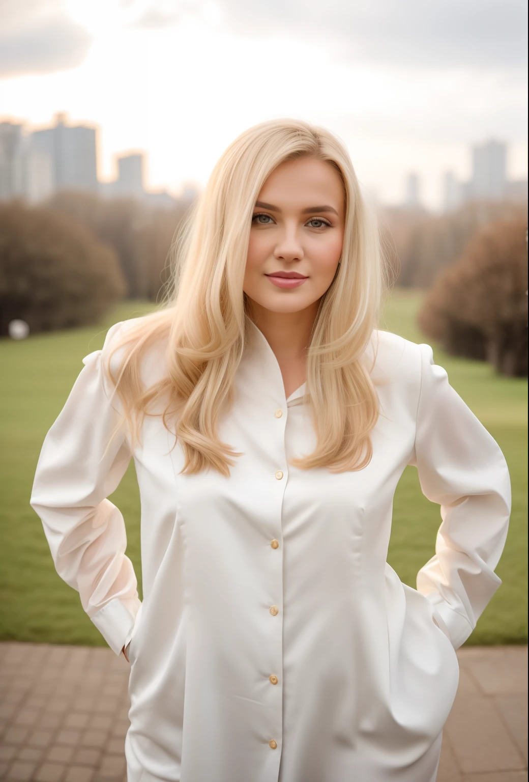 Blonde woman in white wedding dress posing for a photo against the backdrop of a city park, moleksandra shchaslyva, yelena belova, alina ivanchenko, by Zofia Stryjenska, aleksandra waliszewska, julia gorokhova, anastasia ovchinnikova, ekaterina, viktoria gavrilenko