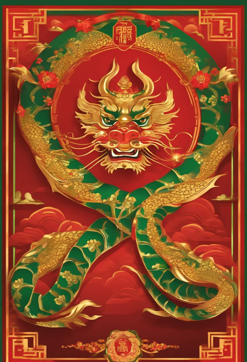 Chinese New Year,Year of the Dragon,Golden, red, green,cartoony,Flat illustration style,، simple,Non-realistic,Commercial posters,There are decorations around,delight