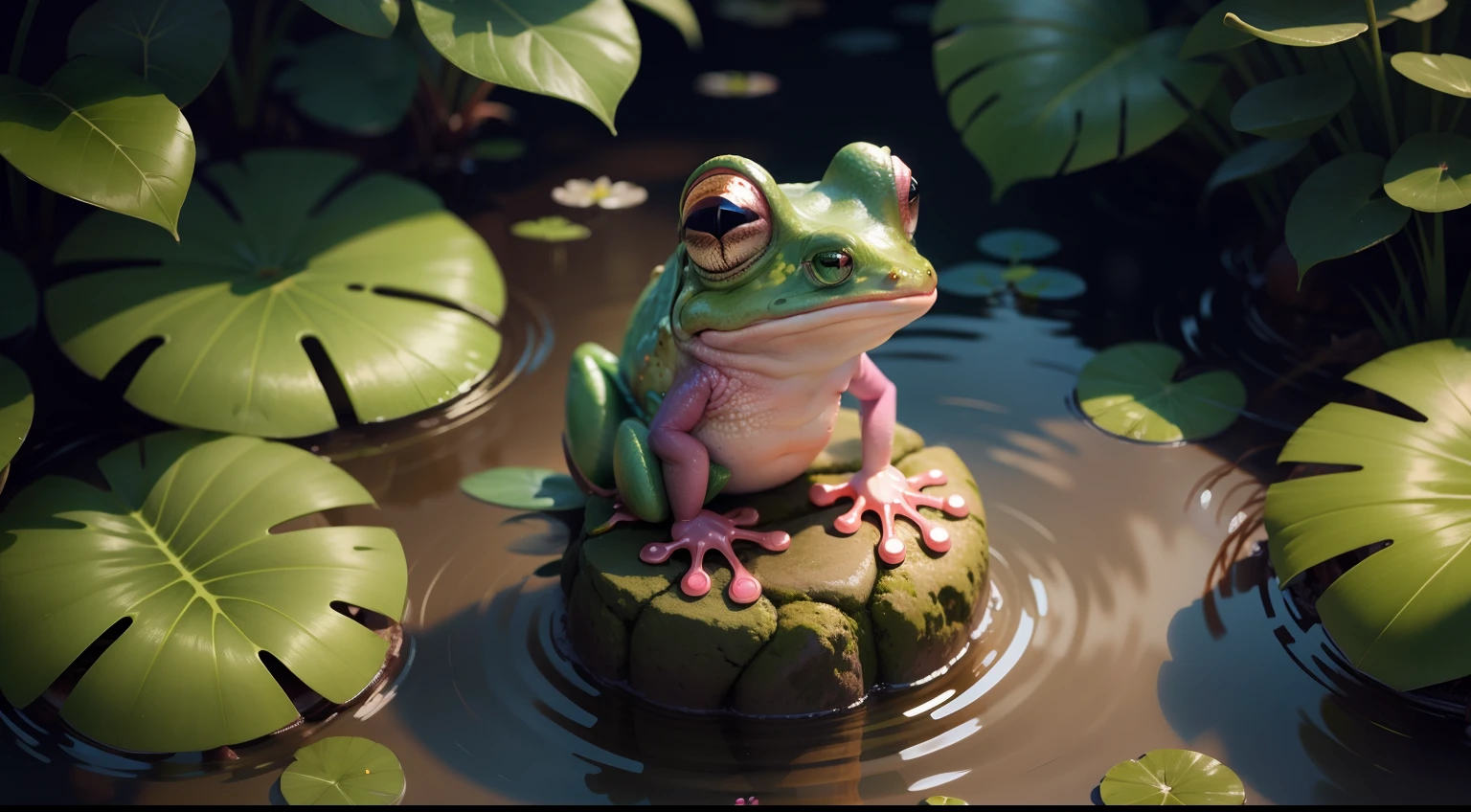 pink frog with a skirt in a pond, cartoon, 4k