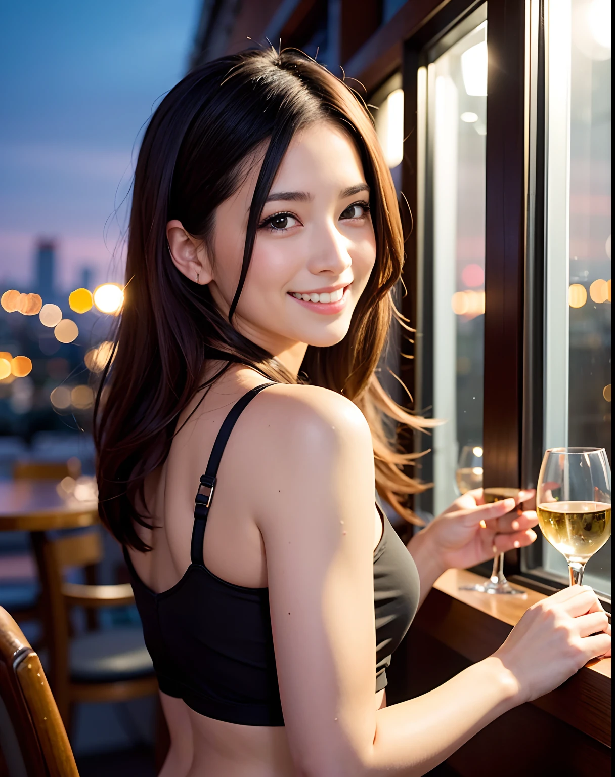 (64K, UHD, top quality, masterpiece: 1.2), (realistic, photorealistic: 1.37), super detailed, pretty woman 1 person, (slim face), (slim body), (brown hair), (short cut), cheeks slightly blushing, (44 years old), 38 years old, solo, beautiful detailed urban night view outside the window, restaurant, wine glasses sit, at night, in a prominent placeNovaFrogStyle, Actress, Model, Waist Up, White Wine, Slim, Wine Glass, Super Clean Night View, Wine Glass Put in the Middle, Happy Smile, (Smile: 1.15), Beautiful Fine Eyes, Upper Body, Bust Japan Up, Night, Short, Short, Actress, Model, Waist Up, White Wine, Slim, Wine Glass, Super Clean Night View, Wine Glass Put in the Middle, Happy Smile,