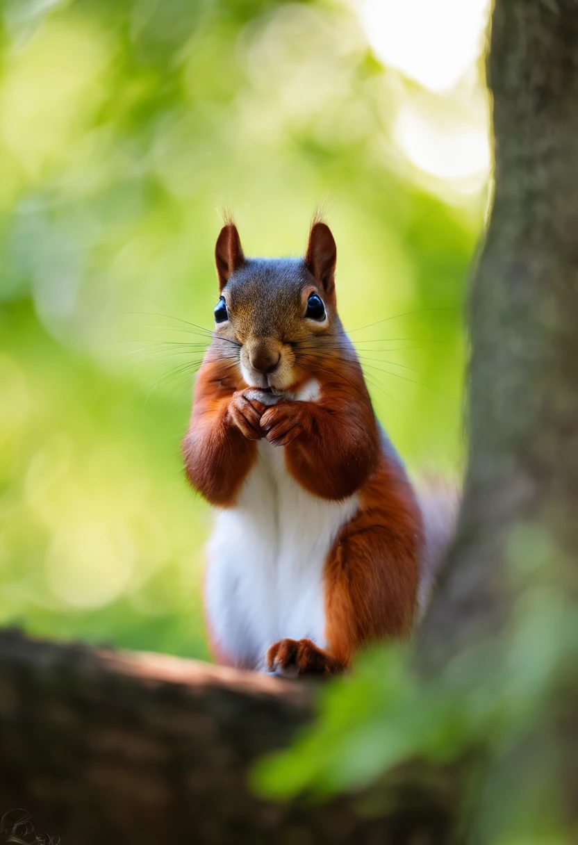 A male squirrel,(best quality, high res, detailed:1.2),portrait,close-up,sharp focus,realistic colors,vibrant fur,paws with claws,expressive eyes and facial features,natural habitat setting,nut in mouth,lively and agile pose,abundant fur texture,sunlit environment,bokeh effect.
