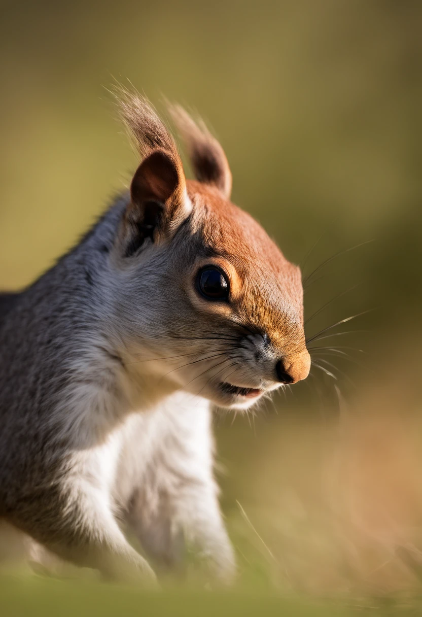 A male squirrel,(best quality, high res, detailed:1.2),portrait,close-up,sharp focus,realistic colors,vibrant fur,paws with claws,expressive eyes and facial features,natural habitat setting,nut in mouth,lively and agile pose,abundant fur texture,sunlit environment,bokeh effect.