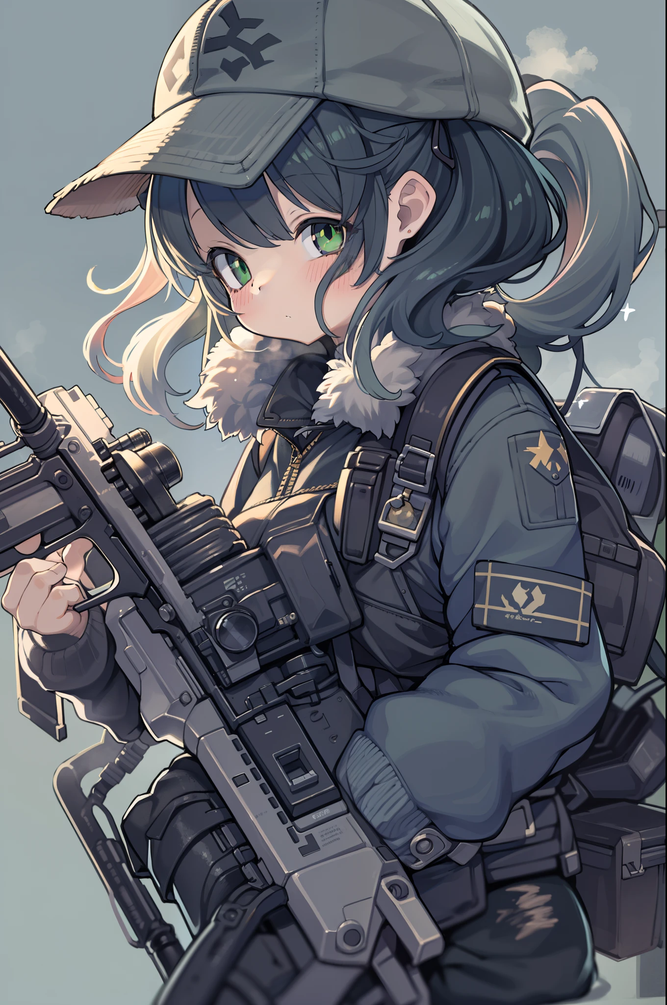Hold a giant sniper rifle、Long sideburns、Anime-style girl with beautiful whole body,  Girl,clean detailed faces, ciber,analogous colors, Glowing shadows, beautiful gradients, depth of fields, CLEAN IMAGE, High quality,Black Parker Closing、 high detailing, High Definition, blush, Fit, Heavenly Beauty, Very detailed, Soft lighting, Full body,Green＆Black hair,Green eyes、