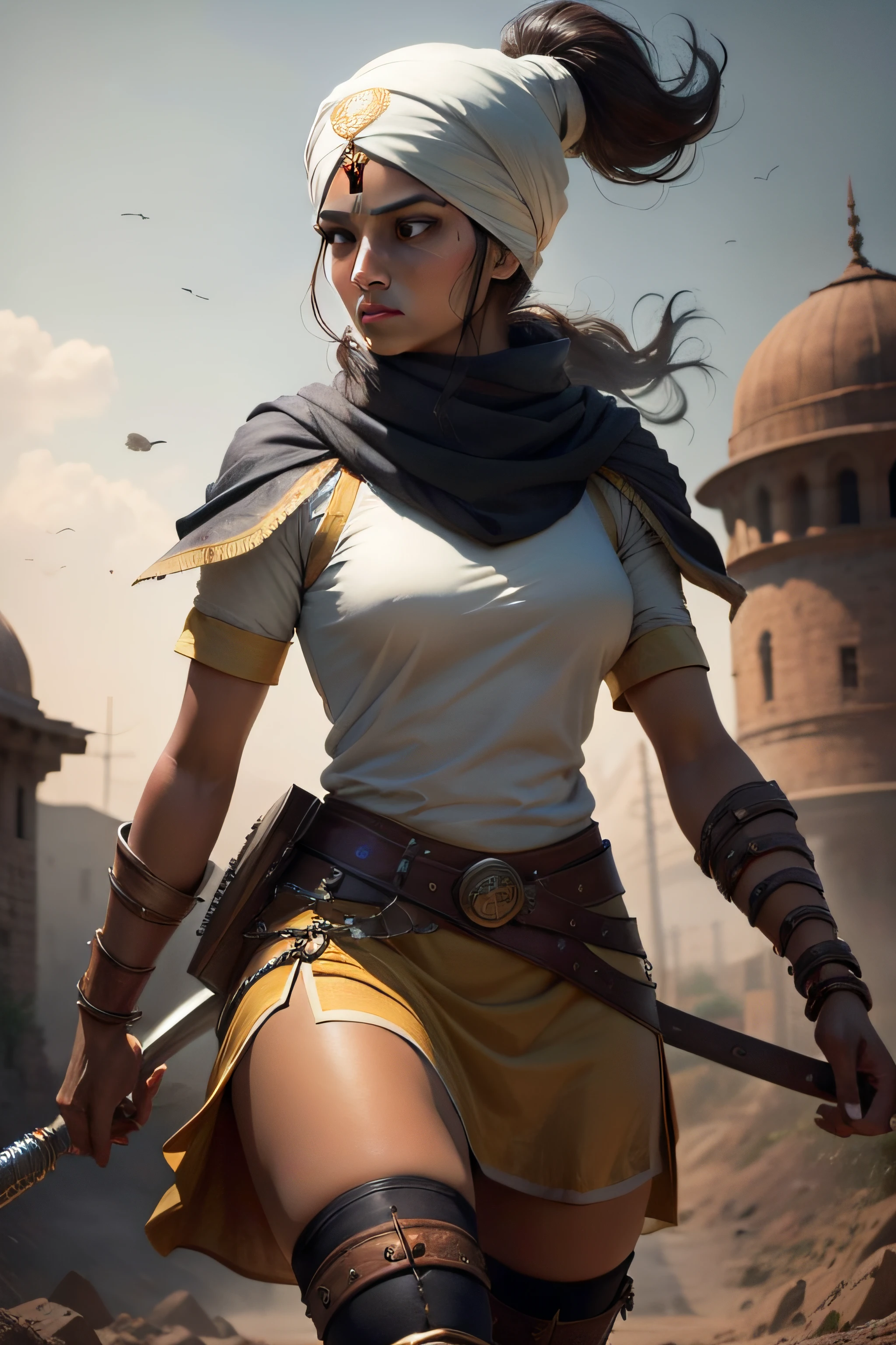 indian, scifi, hijabi, nude, cowgirl, smiling, gun_holster, bazooka, high quality, detailed_eyes, full shot body photo, slender waist, slender thighs, medium build, toned muscles, by Ed Blinkey, Atey Ghailan, Alphonse Mucha, Antonio Moro, trending on ArtStation, trending on CGSociety, Intricate, High Detail, Sharp focus, dramatic, photorealistic art by midjourney and greg rutkowski