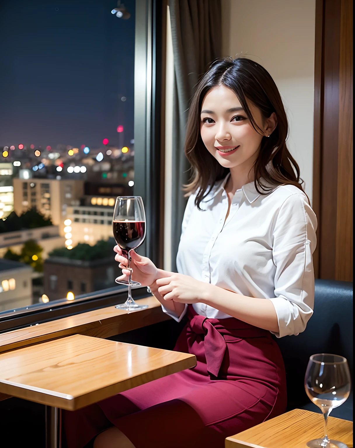 (64K, UHD, top quality, masterpiece: 1.2), (realistic, photorealistic: 1.37), super detailed, pretty woman 1 person, (slim face), (slim body), (brown hair), (short cut), cheeks slightly blushing, (44 years old), 38 years old, solo, beautiful detailed urban night view outside the window, restaurant, wine glasses sit, at night, in a prominent placeNovaFrogStyle, Actress, Model, Waist Up, White Wine, Slim, Wine Glass, Super Clean Night View, Wine Glass Put in the Middle, Happy Smile, (Smile: 1.15), Beautiful Fine Eyes, Upper Body, Bust Japan Up, Night, Short, Short, Actress, Model, Waist Up, White Wine, Slim, Wine Glass, Super Clean Night View, Wine Glass Put in the Middle, Happy Smile,