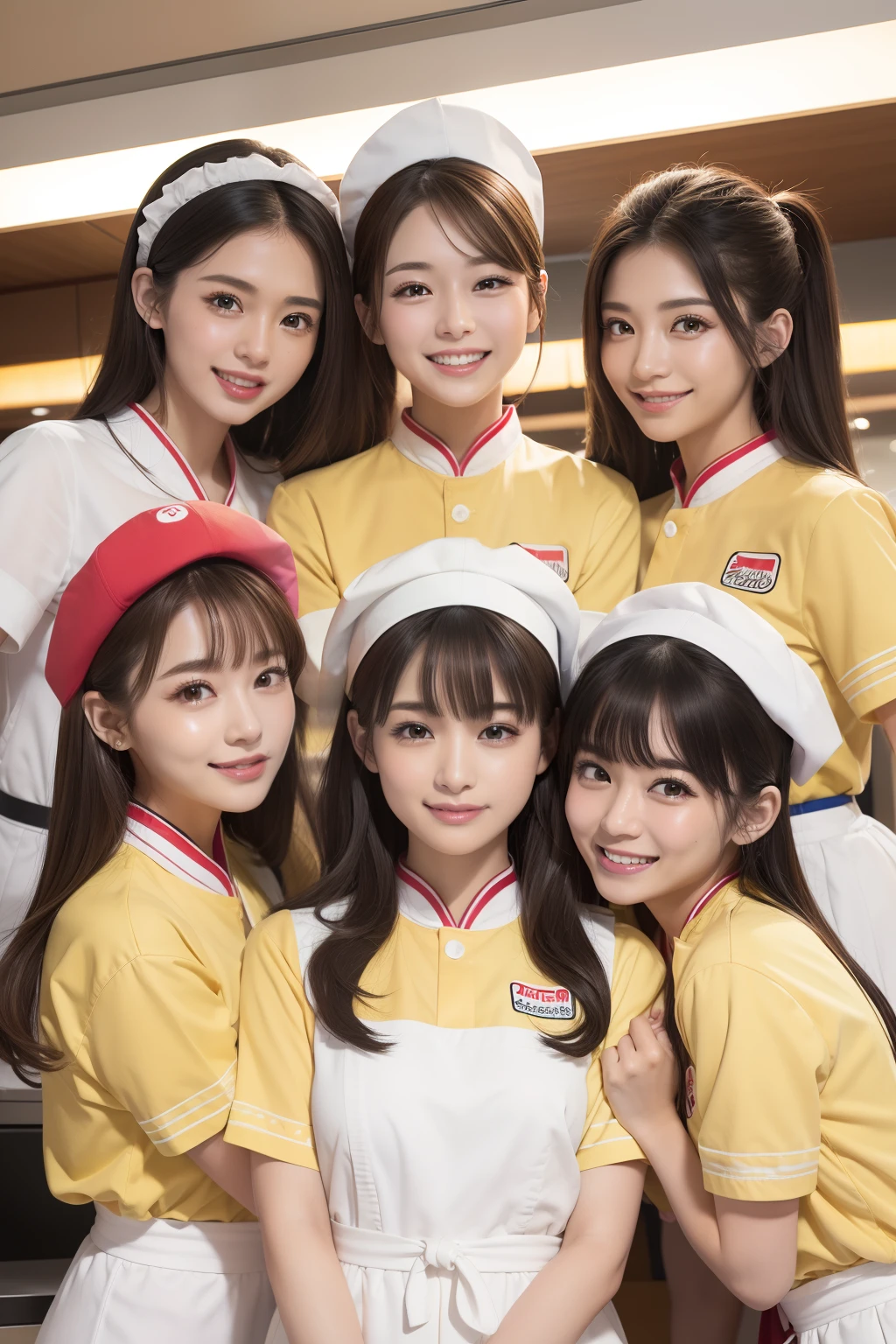 Outrageous resolution、hight resolution、(masterpiece:1.4)、ultra-detailliert、Crisp details、Dramatic and photorealistic pictorial art、Super Sentai Series、All in fast food restaurant uniforms(shuicolor、Light Yellow、white colors、Beige、pink there、Fivesome)Everyone smiles、