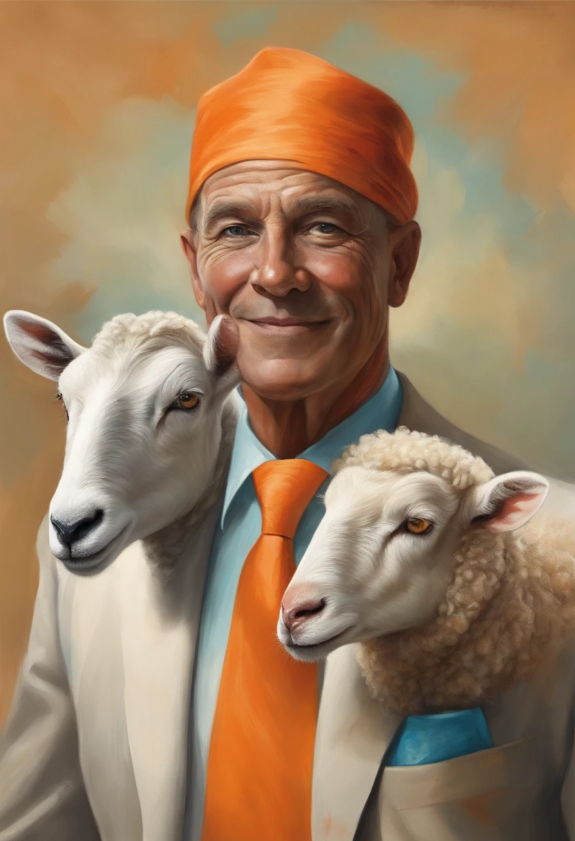 Man in orange suit and turquoise tie, Sheep around, (((visible whole body))), look at viewr, sportrait, photography, detailedskin, Realistic, Photorealista, 8K, ighly detailed, Whole body frame, Artistically, High Detail RAW, pointed, Soft and diffuse lighting, Shallow depth of field, foco nítido, Hyper-Realism, Cinematic lighting