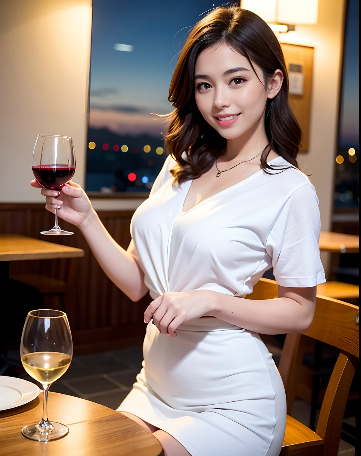 (64K, UHD, top quality, masterpiece: 1.2), (realistic, photorealistic: 1.37), super detailed, pretty woman 1 person, (slim face), (slim body), (brown hair), (short cut), cheeks slightly blushing, (44 years old), 38 years old, solo, beautiful detailed urban night view outside the window, restaurant, wine glasses sit, at night, in a prominent placeNovaFrogStyle, Actress, Model, Waist Up, White Wine, Slim, Wine Glass, Super Clean Night View, Wine Glass Put in the Middle, Happy Smile, (Smile: 1.15), Beautiful Fine Eyes, Upper Body, Bust Japan Up, Night, Short, Short, Actress, Model, Waist Up, White Wine, Slim, Wine Glass, Super Clean Night View, Wine Glass Put in the Middle, Happy Smile,