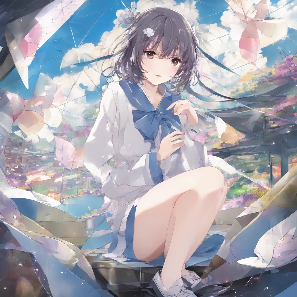 Japanese manga style,Cartoony,A girl,White stockings, Soft lighting, High quality, Cinematic ,Perfect body , Best illumination, Sharpness , Messy hair, absurdres high detailed face,perfect body detail,Like kite origami,Lazy posture