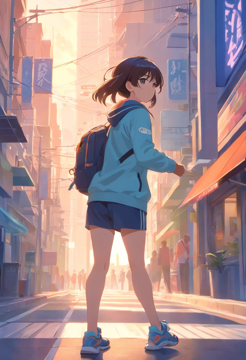 Girl in sportswear,on back,Wear a cap,Carry a backpack,Open your hands,Open your hands,Run forward,The wind blows the hair,detail-rich,high qulity