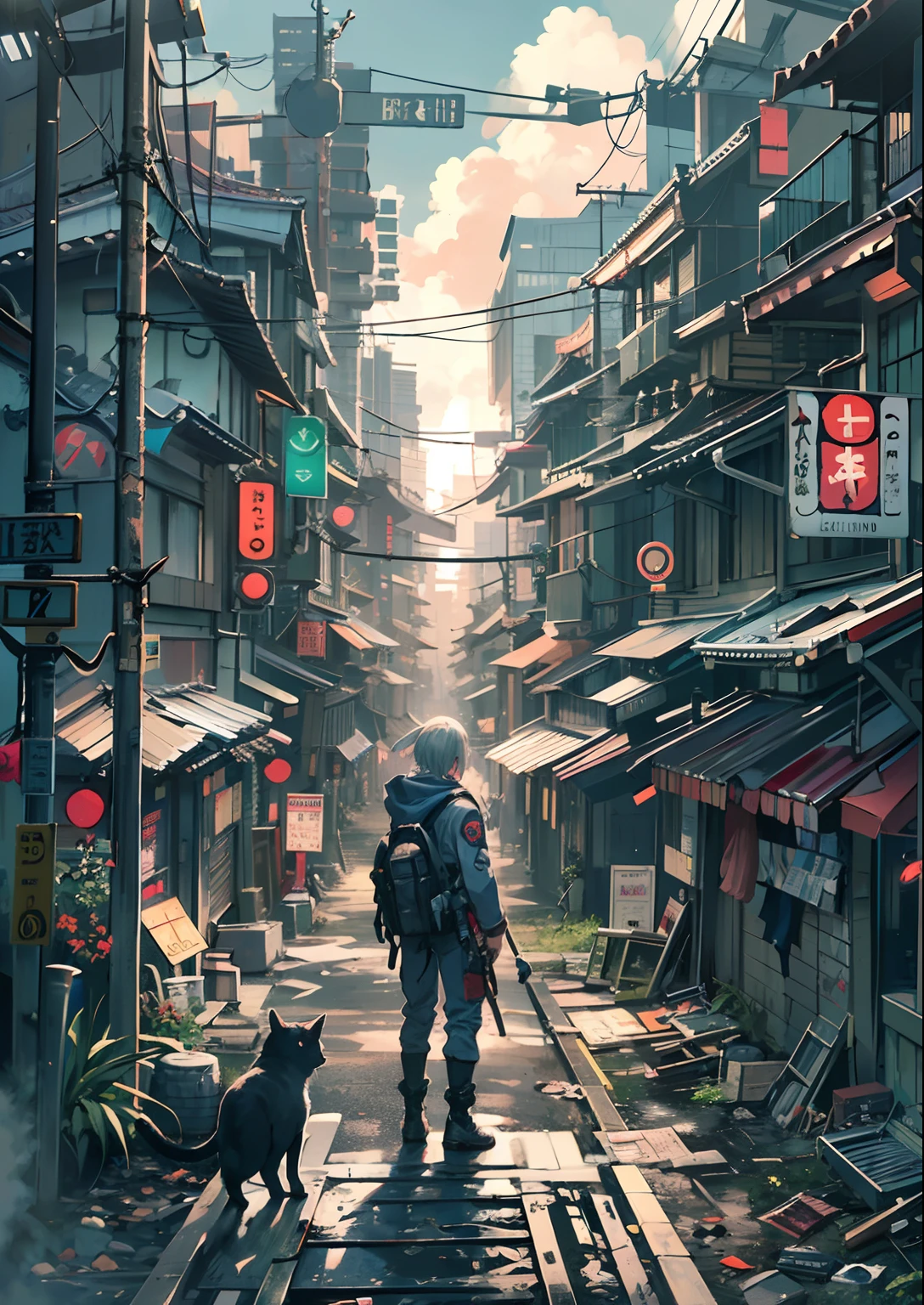 1boy,Man's ,Cyberpunk Boy、katanas,machine gun、Cat's ears、silber hair、poneyTail、Whole body bloody、The beginning of the adventure、during daytime、Into the cloud、contrail、ruined and devastated city、Japan buildings、railroad crossing、Trees、Warm lighting、puddles、Good old Japan landscape、Beautiful and fantastic summer landscape、Cinematic scenery、hightquality、masutepiece,8K、hight resolution、ultra-detailliert,