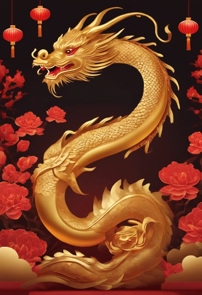 Chinese New Year，Year of the Dragon，The body is golden and has a hint of green around it，cartoony，Flat illustration style，، simple，Non-realistic，Commercial posters，There are decorations around，delight