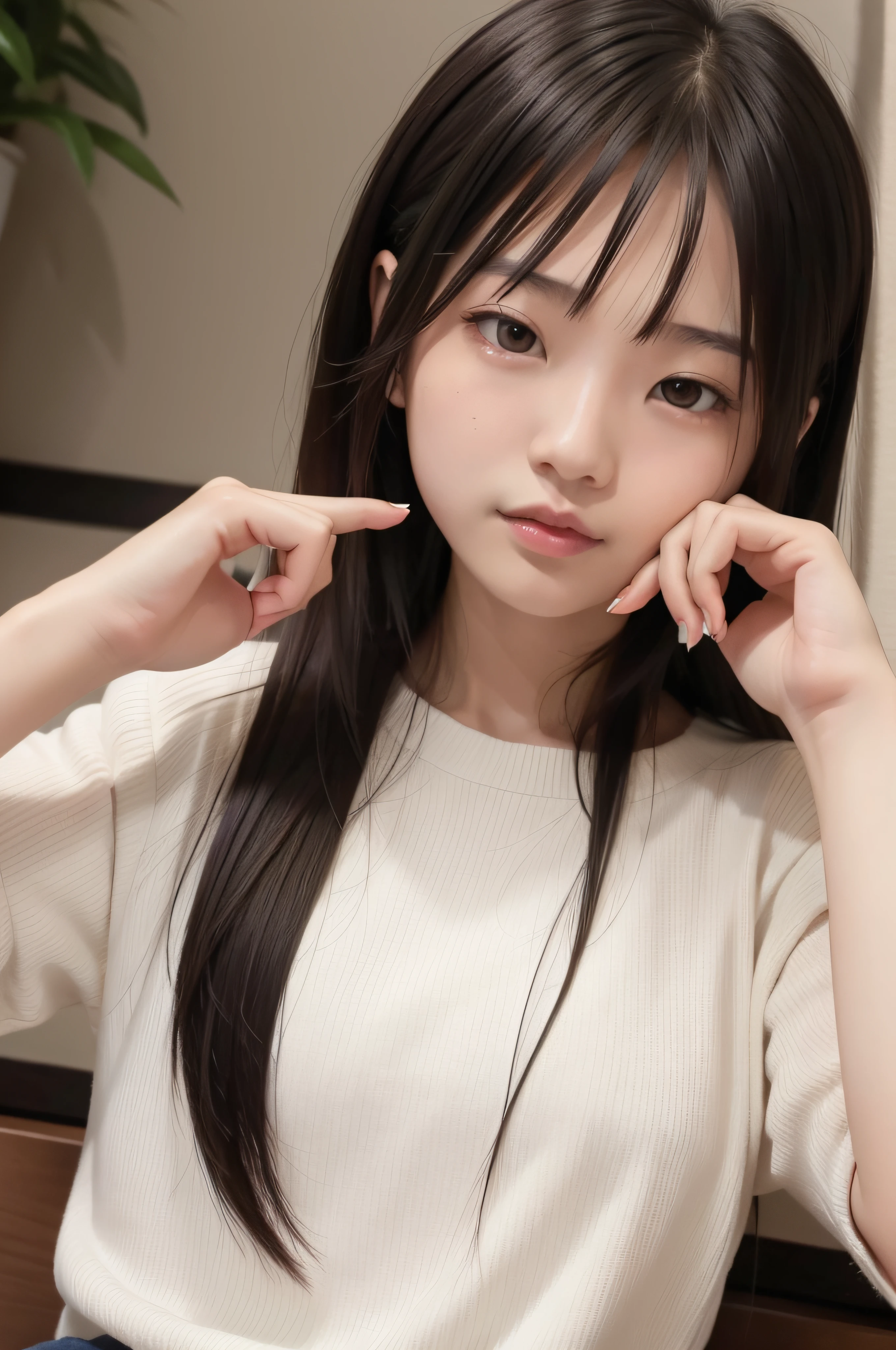 Young asian woman touching face with relaxed expression