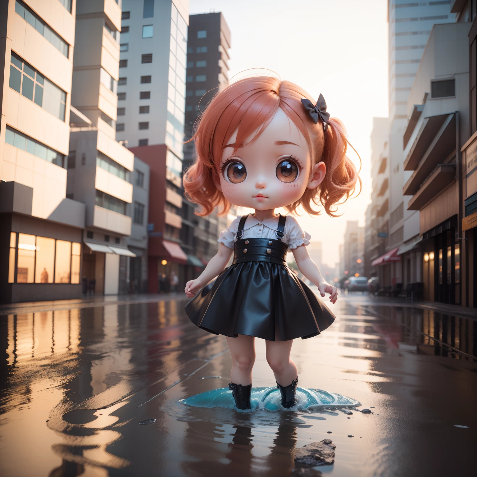 Cute Baby Chibi Anime、(((chibi3d))) (best quality), (masterpiece) There is a lot of water on the street，One Chibi Fairy Surfing，The background is the skyscrapers of the city，Plastic cover，Full body like，Moe's new chibi character