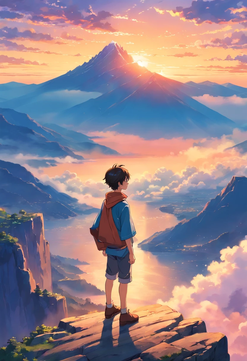 grainy, extremely detailed masterpiece, high-quality depiction of a boy standing on a cliff in front of a majestic mountain, sunset clouds, medieval outfit