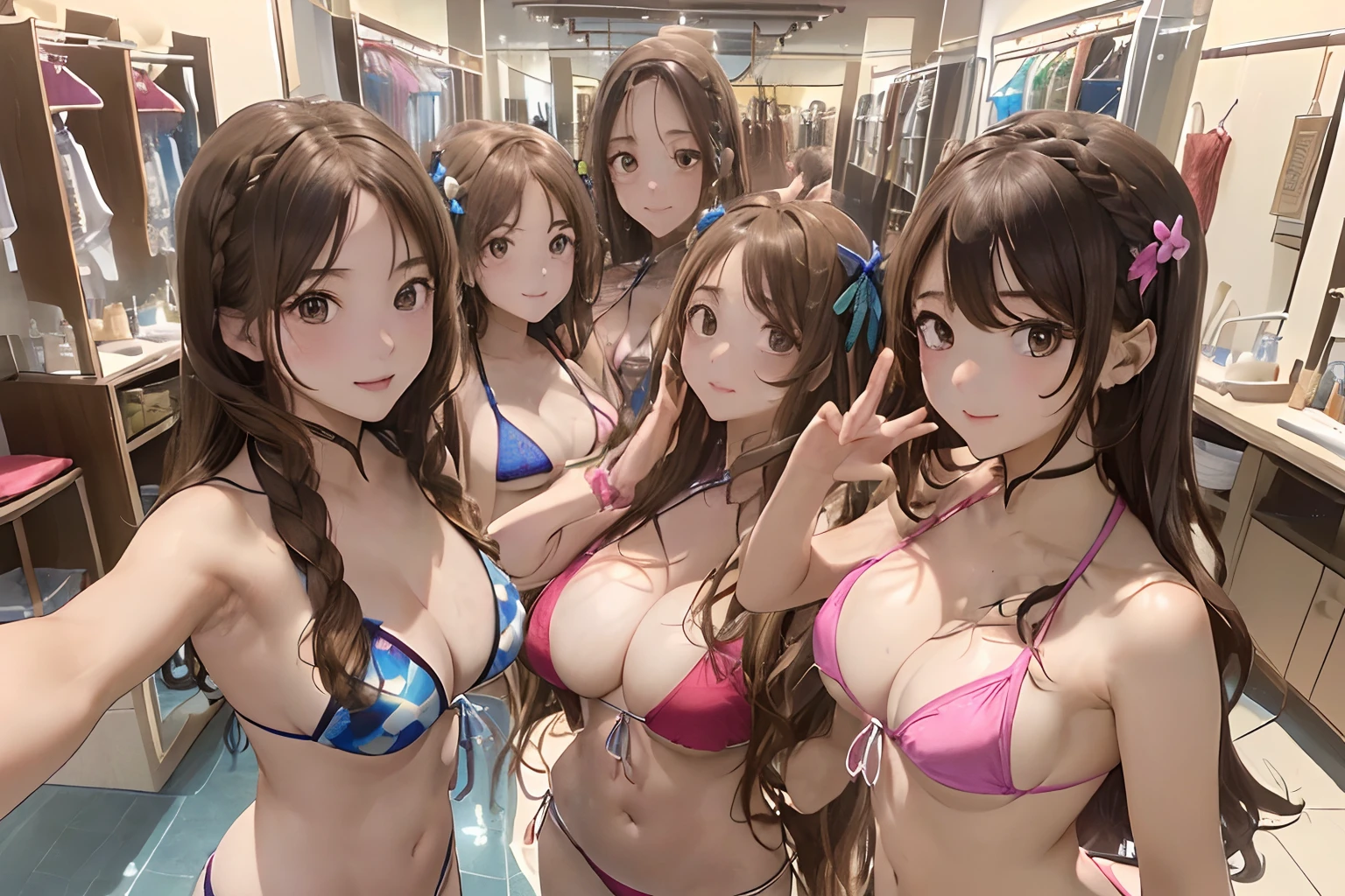 (frombelow:1.4)、(five girls:1.7),(First 2 people、Back 3 people)、Light Brown Fringe Hair、Braided hair、disheveled hair、Light brown eyes、(dignified expression)、(爆乳:1.7)、Emphasize the valley、fittingroom、(Photorealsitic)、Shadow、(intricate detailes:1.2)、(masterpiece:1.3)、(top-quality:1.4)、(超A high resolution:1.2)、(A detailed eye)、(detailed facial features)、(Colorful micro bikini:1.2), (selfee:1.3)、(Girls side by side:1.4)、(Well-proportioned face:1.5)