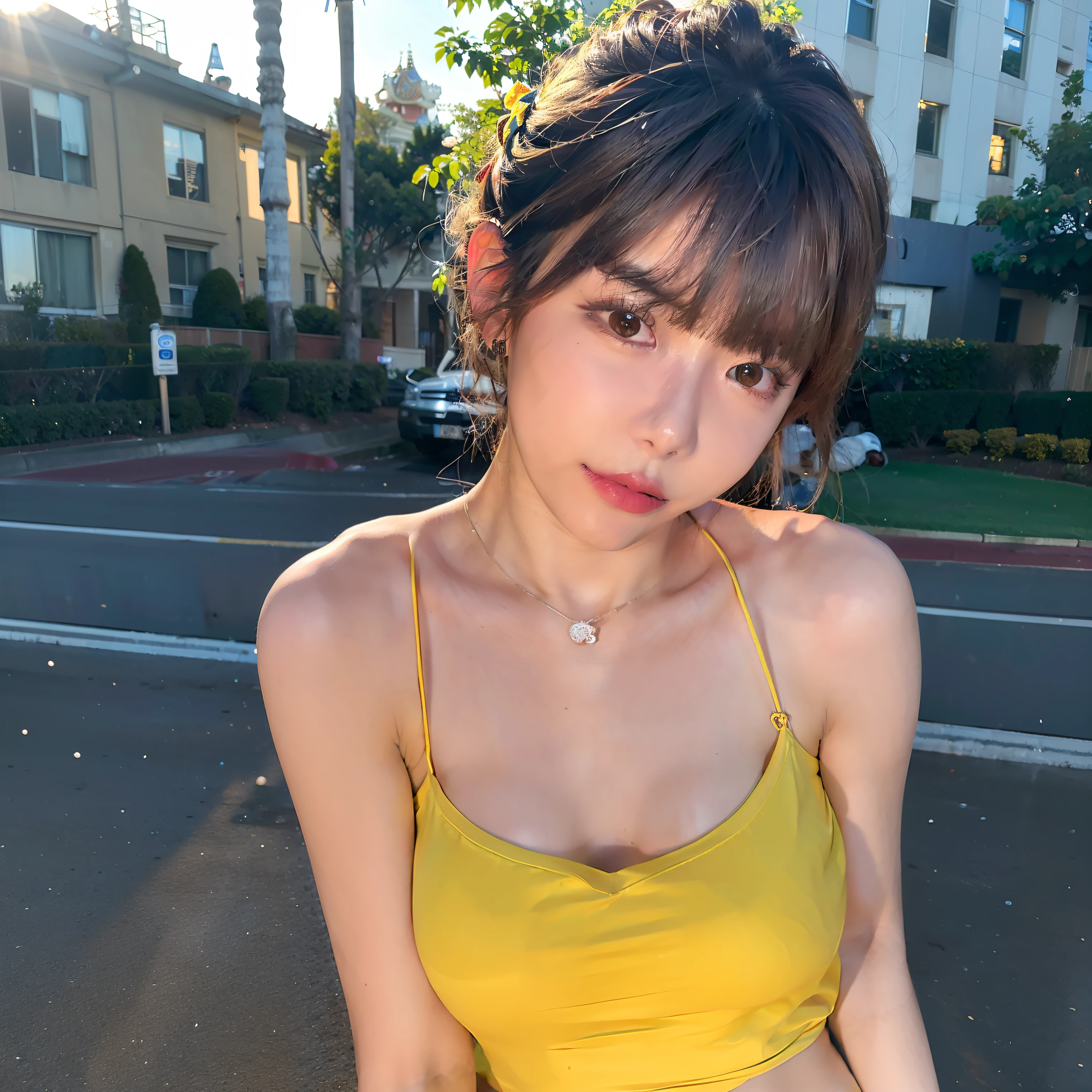 (8K, Raw photo, Best Quality, masutepiece:1.2), (Realistic, Photorealsitic:1.37), Best Quality, 超A high resolution, NFSW Backlit, light leaks, Dynamic lighting, slim, Smooth skin, (pureerosface_v1:1), bond, Navel, Kpop Idol, (Beautiful detailed eyes:1),(beautifull detailed face:1),(Freebuff:1.2), Outdoors, ulzzang-6500, 1girl in, Standing, Upper body, (:1.2), , from the front side, Front view, Looking at Viewer, Huge breasts, arms behind back, Street, Sunlight,Broad shoulders,A dark-haired