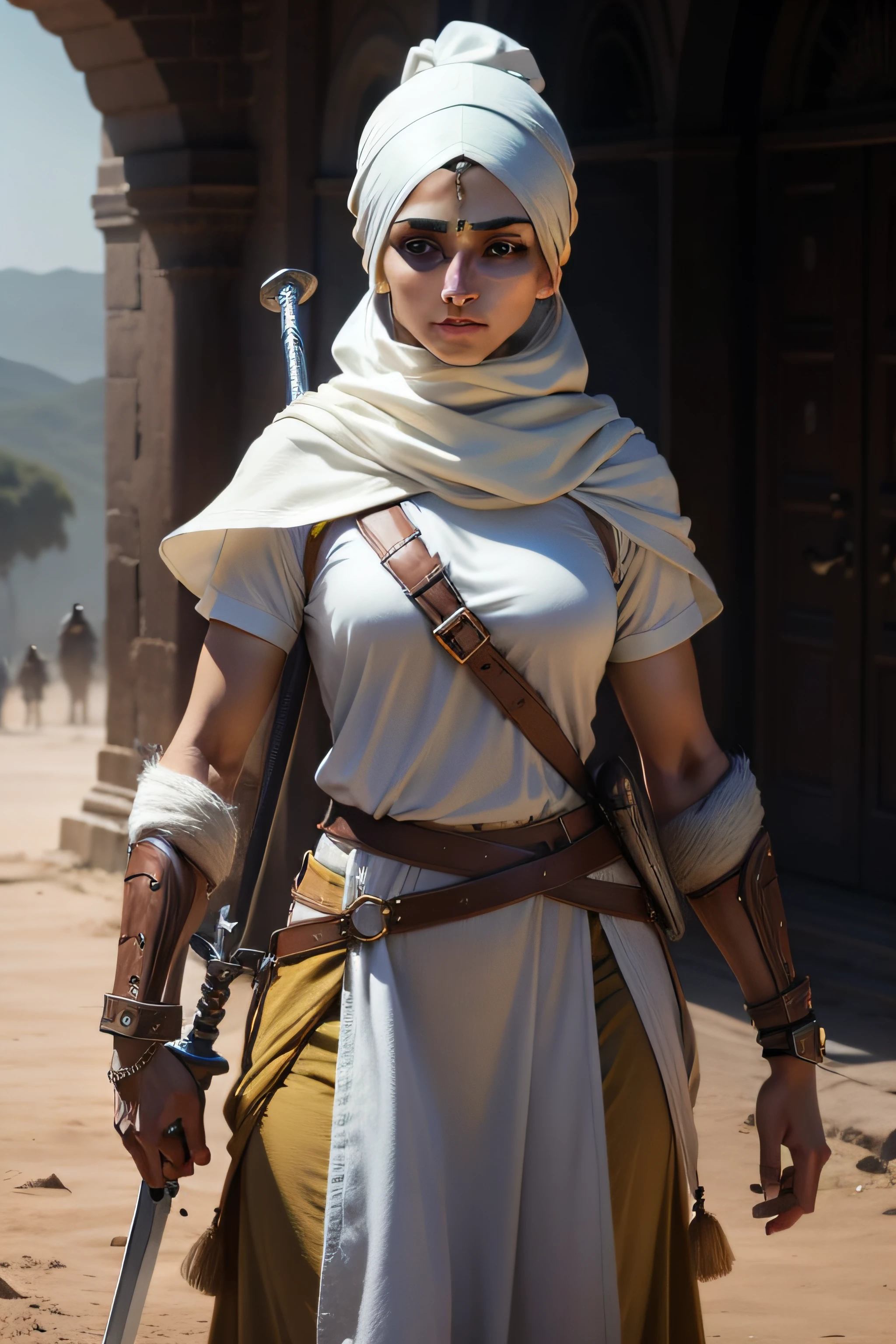 A sikh woman warrior in head to toe posture bravely coming towards the camera, holding a sword, looking towards camera calm expression on face.