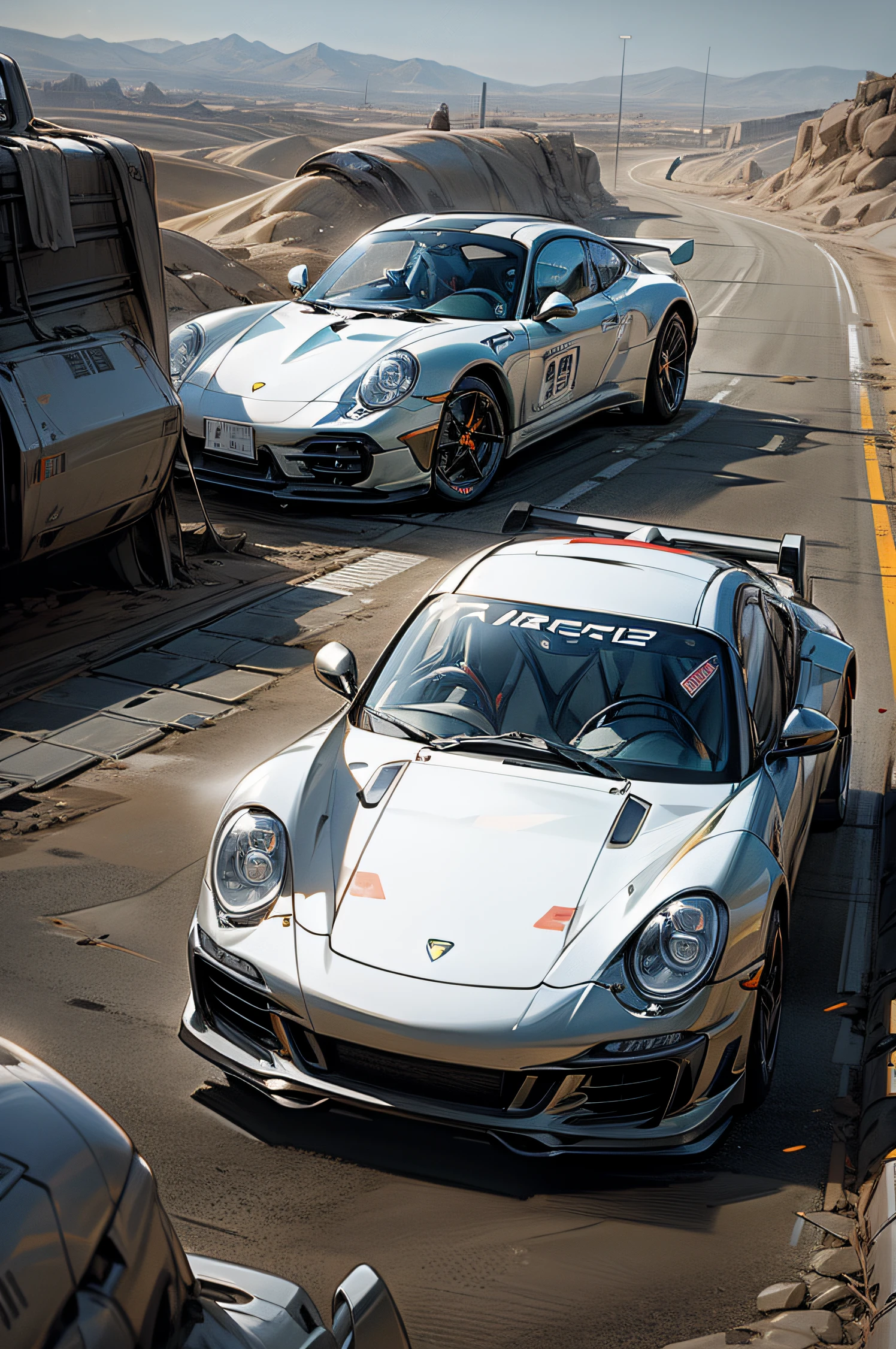 sportscar, porsche 911, cyberpunk, offroad, desert, heavy armor, weapons, absurdres, high res, ultrasharp, 8k, masterpiece