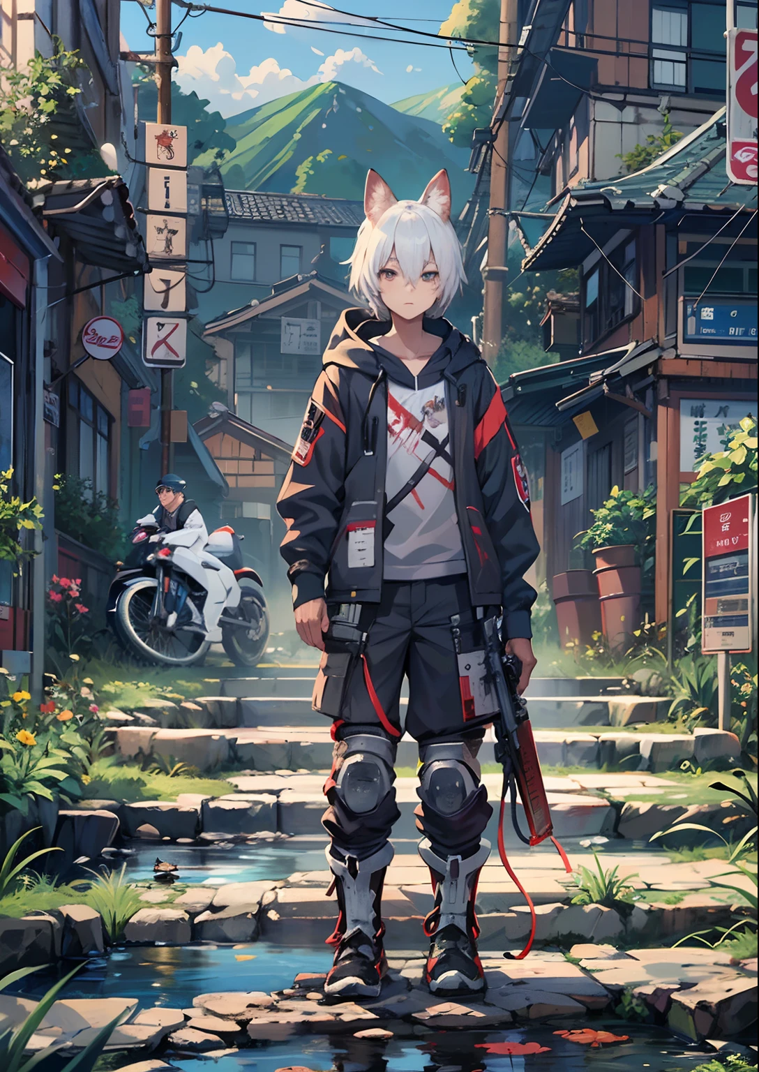1boy,Man's ,Cyberpunk Boy、katanas,machine gun、Cat's ears、silber hair、poneyTail、Whole body bloody、The beginning of the adventure、during daytime、Into the cloud、contrail、ruined and devastated city、Japan buildings、railroad crossing、Trees、Warm lighting、puddles、Good old Japan landscape、Beautiful and fantastic summer landscape、Cinematic scenery、hightquality、masutepiece,8K、hight resolution、ultra-detailliert,