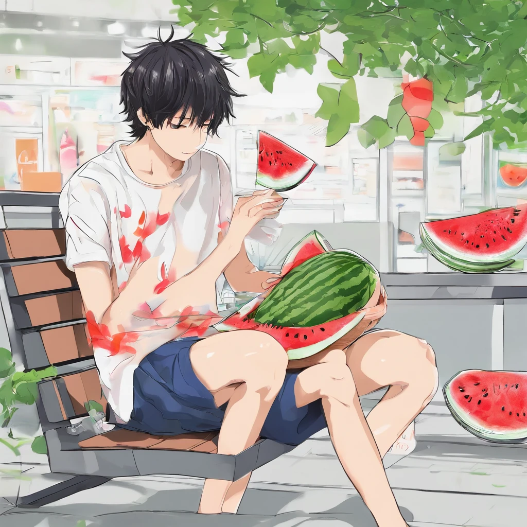Pencil stick figures,A boy,messy hair,Sit on the bench,eating watermelon,Opening a small shop,The movements are natural,The expression is flat,Simple composition