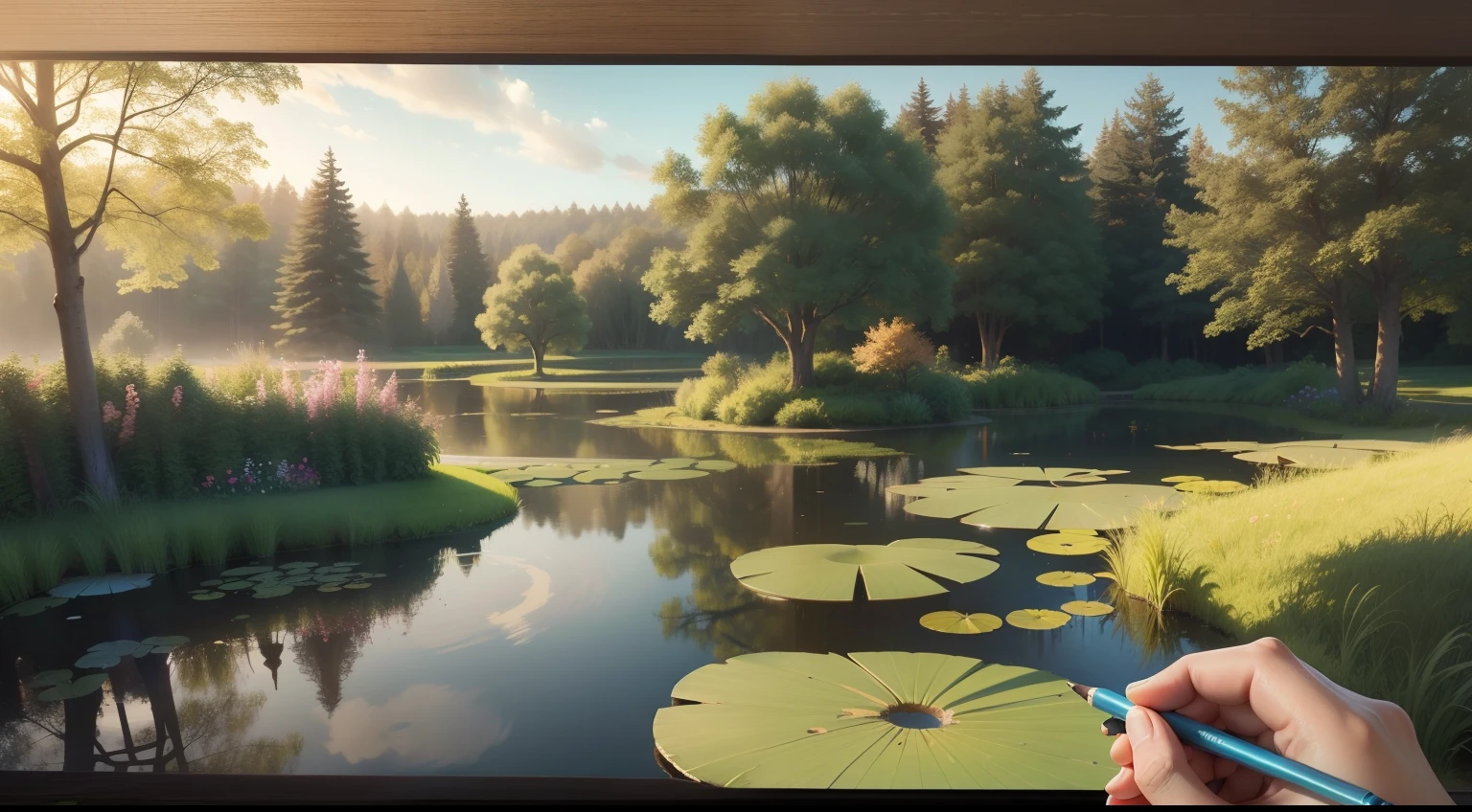 image of a beautiful pond, children's drawing, 4k
