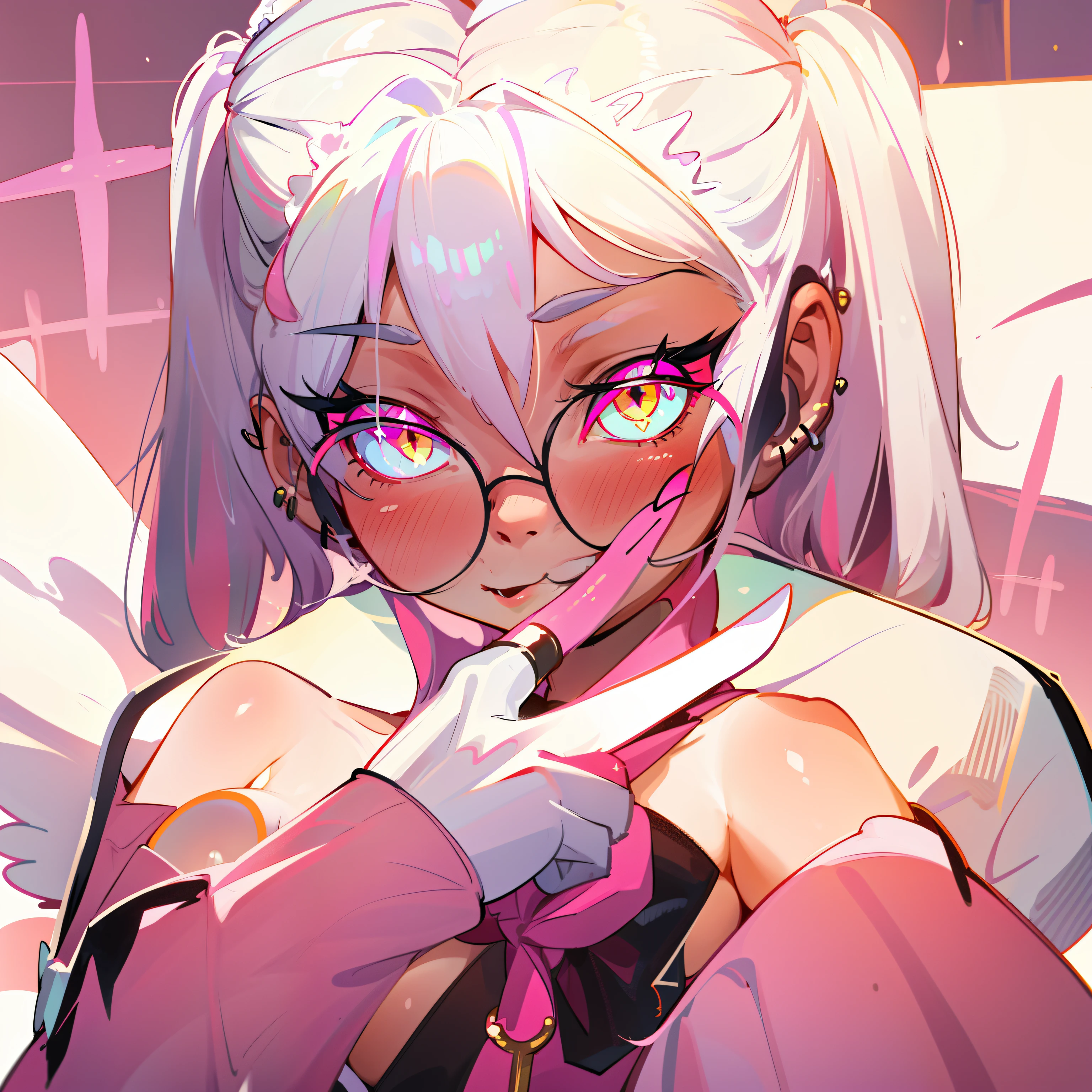 Girl in black and white dress, Pink tail, anime cat girl in a maid costume, style of magical girl, Small two-tone curls, fleshy feeling, sparkling magical girl, portrait of magical girl, anime girl in a maid costume, nyaruko-san, Splash art, Openwork maid costume, lollipop, Detailed key anime art, white hair, long hair,{{{demon horns}}}, {{{demon wings}}} , huge boobs, full body, sexy, lip bite, ahegao, smiling, {{{red eyes}}}, {{{white hair}}}, huge breasts, huge ass