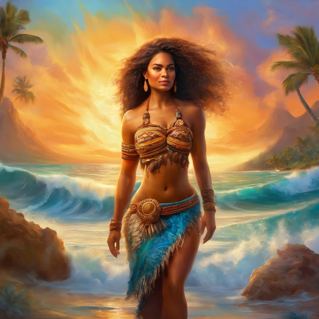 epic movie poster, volcano erupting, award winning (full body:1.3) portrait photo of a (moana:1.2), (seashell bikini:1.2), (water goddess:1.2), tribal tattoos, (wading:1.2) in the pacific (ocean:1.1), arms behind head, (partially submerged shot:1.2), (waves:0.9), desert island background, palm trees, beach,fluffy clouds in the sky, outrun, vaporware, trending on artstation, highly detailed, fine detail, intricate, (lens flare:0.9), (backlighting:0.9), (bloom:0.9), [Style-Micro::10]