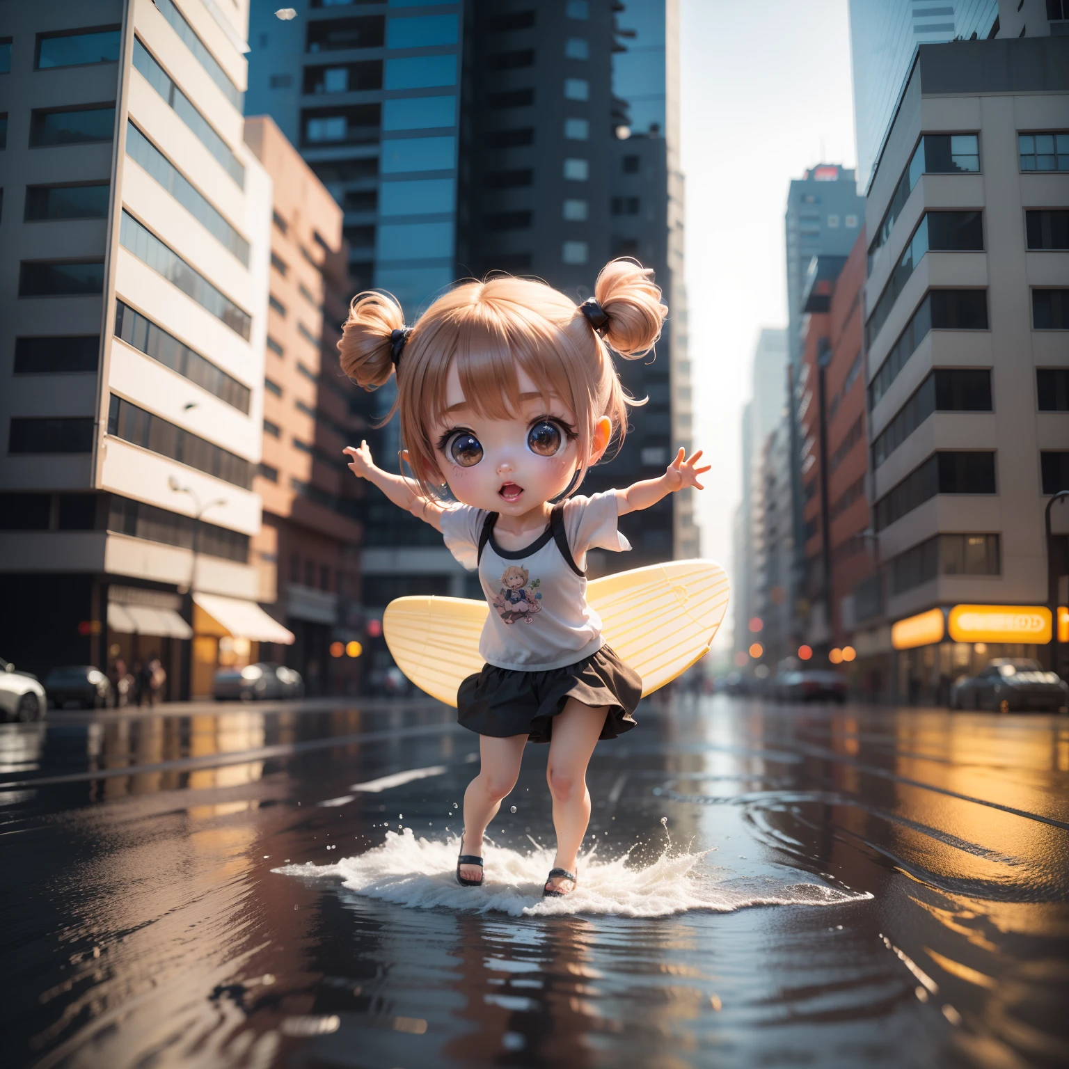 Cute Baby Chibi Anime、(((chibi 3d))) (Best Quality), (masutepiece) There is a lot of water on the street,One Chibi Fairy Surfing,The background is the skyscrapers of the city,Plastic cover,Full body like,Moe's New Chibi Character