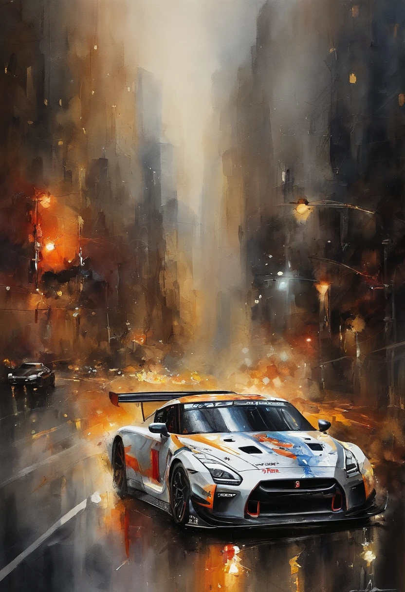 GTR racing cars drive around the city circuit at night，Breath of blood and speed。"