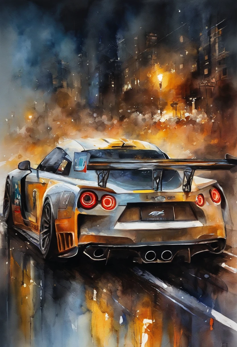 GTR racing cars drive around the city circuit at night,Breath of blood and speed。"